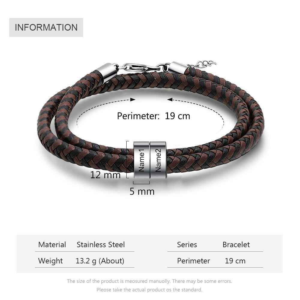 Pulsera de Cuero Trenzado 2 Nombres Personalizados para Hombre