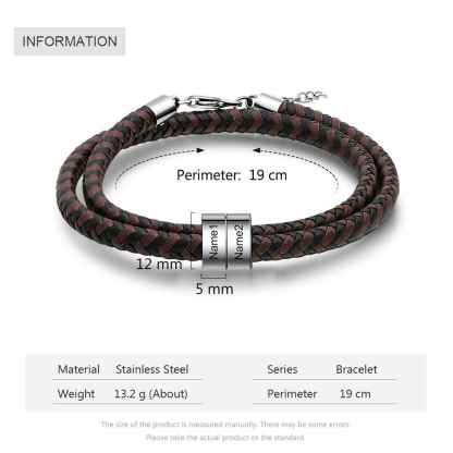 Pulsera de Cuero Trenzado 2 Nombres Personalizados para Hombre