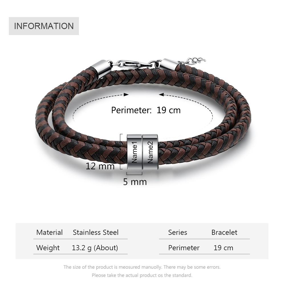 Pulsera de Cuero Trenzado 2 Nombres Personalizados para Hombre