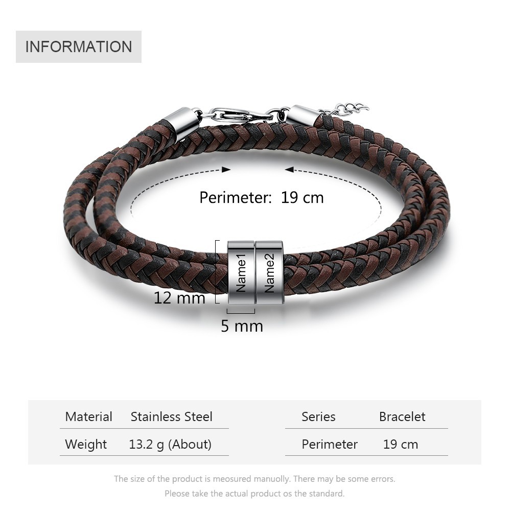 Pulsera de Cuero Trenzado 2 Nombres Personalizados para Hombre