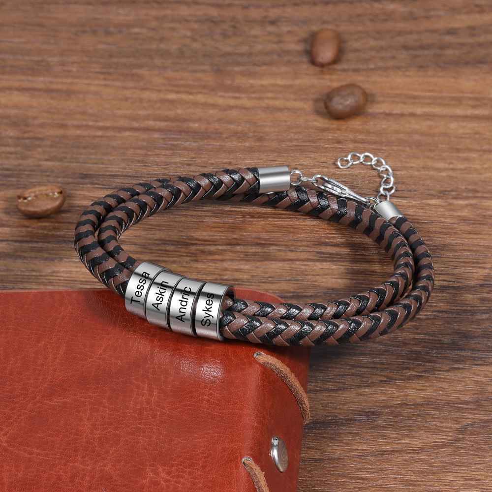 Pulsera de Cuero Trenzado 2 Nombres Personalizados para Hombre