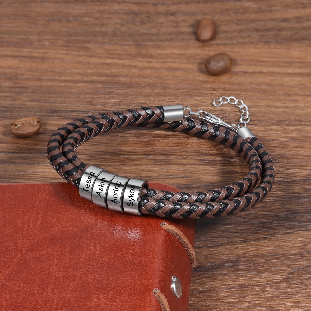 Pulsera de Cuero Trenzado 2 Nombres Personalizados para Hombre