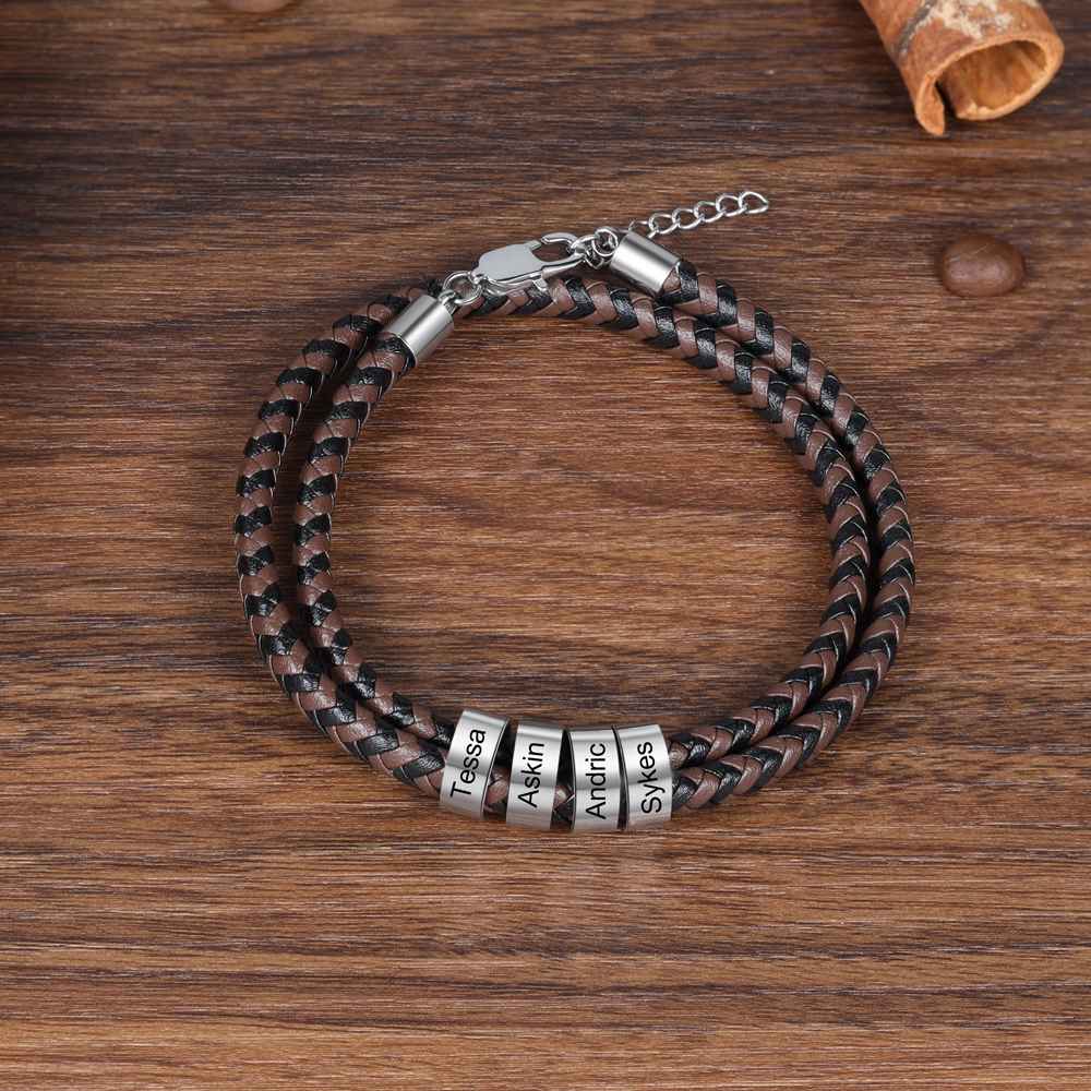 Pulsera de Cuero Trenzado 2 Nombres Personalizados para Hombre
