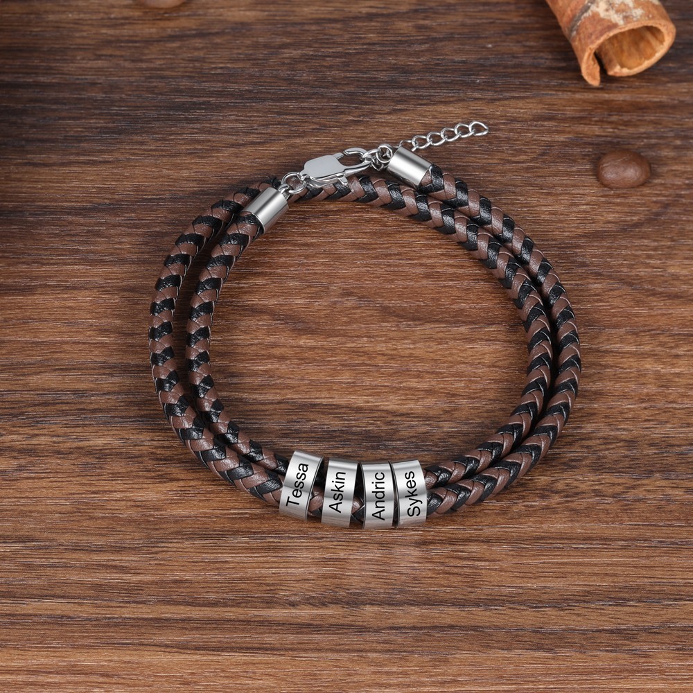 Pulsera de Cuero Trenzado 2 Nombres Personalizados para Hombre