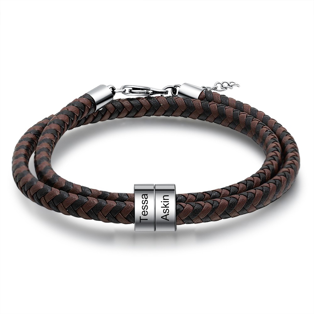 Pulsera de Cuero Trenzado 2 Nombres Personalizados para Hombre
