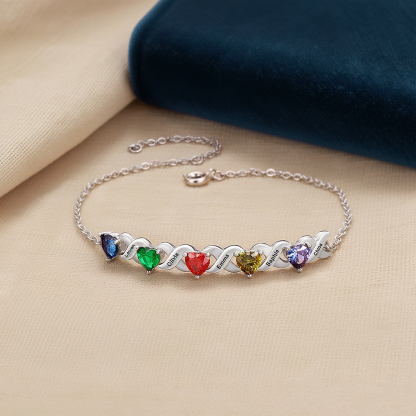 Pulsera para mujer infinito personalizada con 3 nombres y 3 piedras de nacimiento de corazón