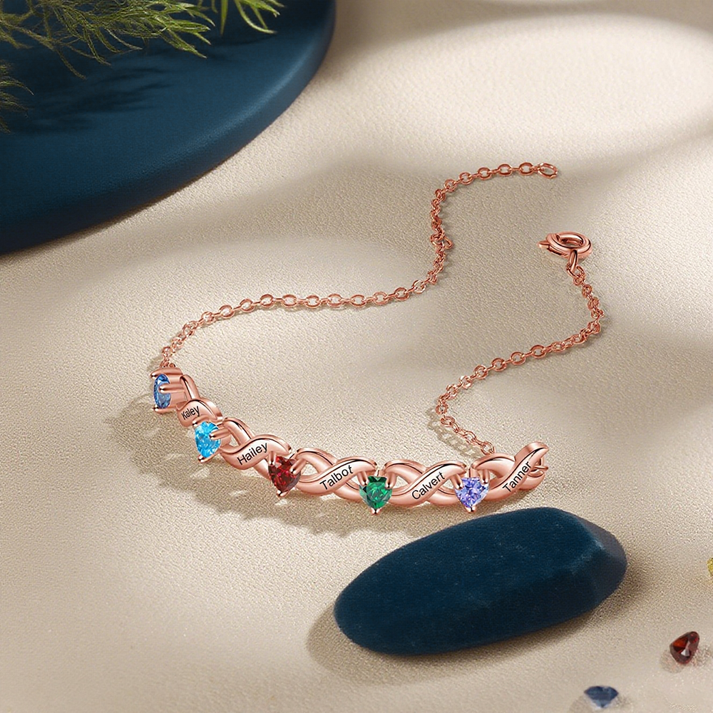Pulsera para mujer infinito personalizada con 3 nombres y 3 piedras de nacimiento de corazón