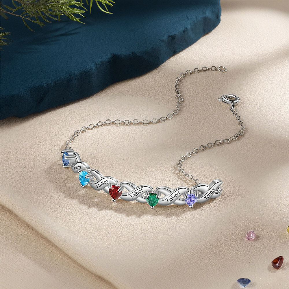 Pulsera para mujer infinito personalizada con 3 nombres y 3 piedras de nacimiento de corazón