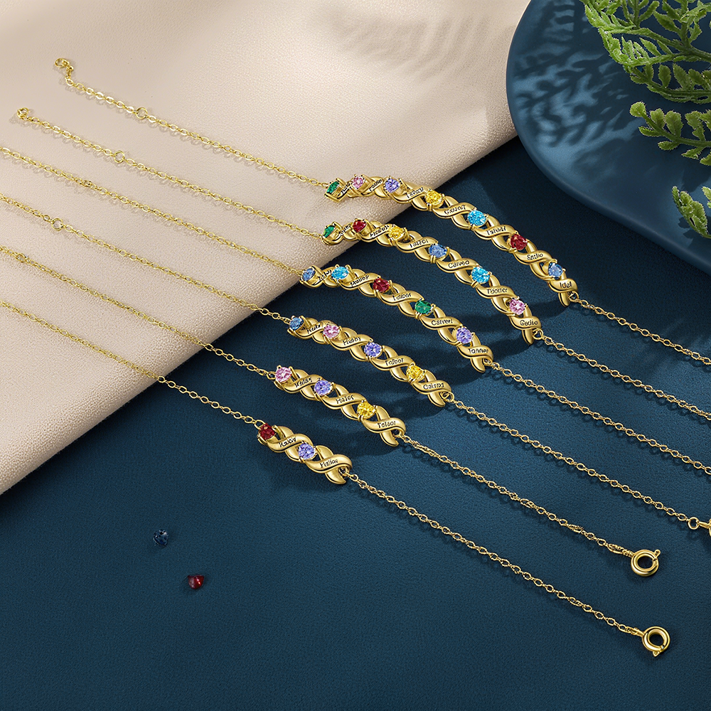 Pulsera para mujer infinito personalizada con 3 nombres y 3 piedras de nacimiento de corazón