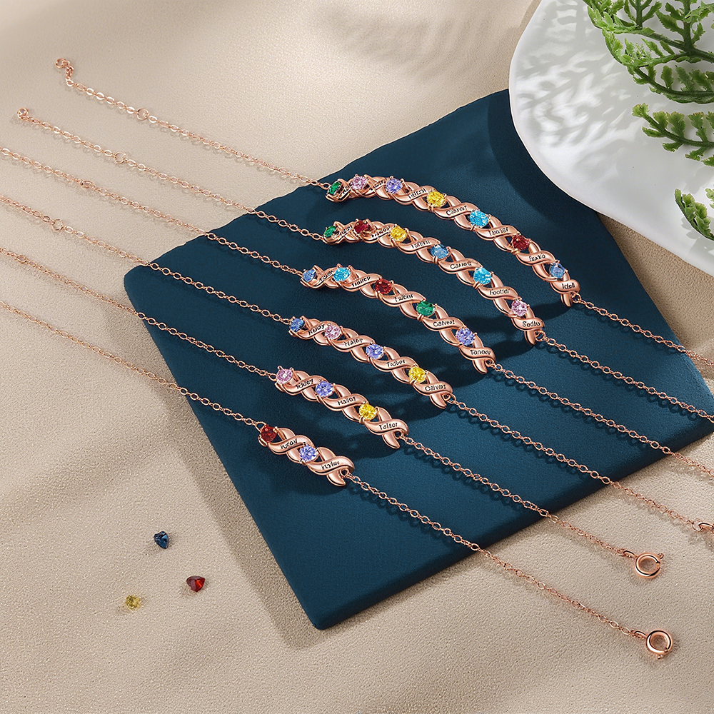 Pulsera para mujer infinito personalizada con 3 nombres y 3 piedras de nacimiento de corazón