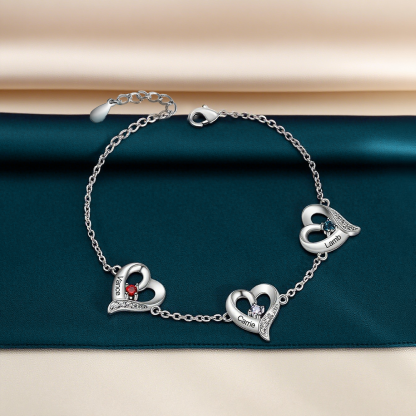 Pulsera para Mujer de Corazones 1-7 Nombres Personalizados con 3 Piedras de Nacimiento