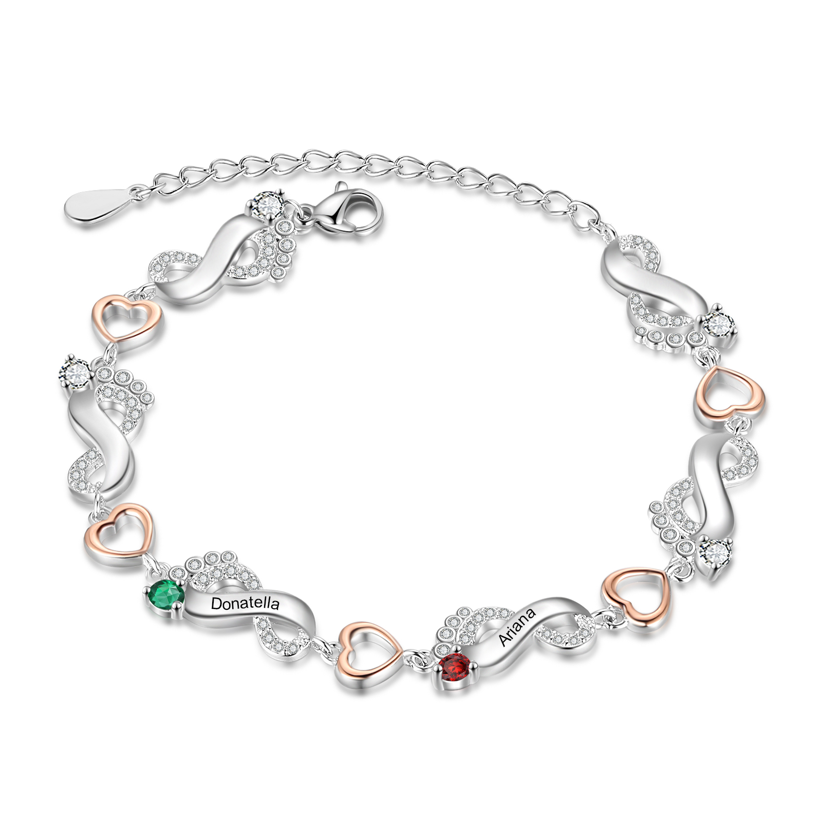 Pulsera personalizada para mujer con 1-6 nombres de pie de bebé con 1-6 piedras de nacimiento