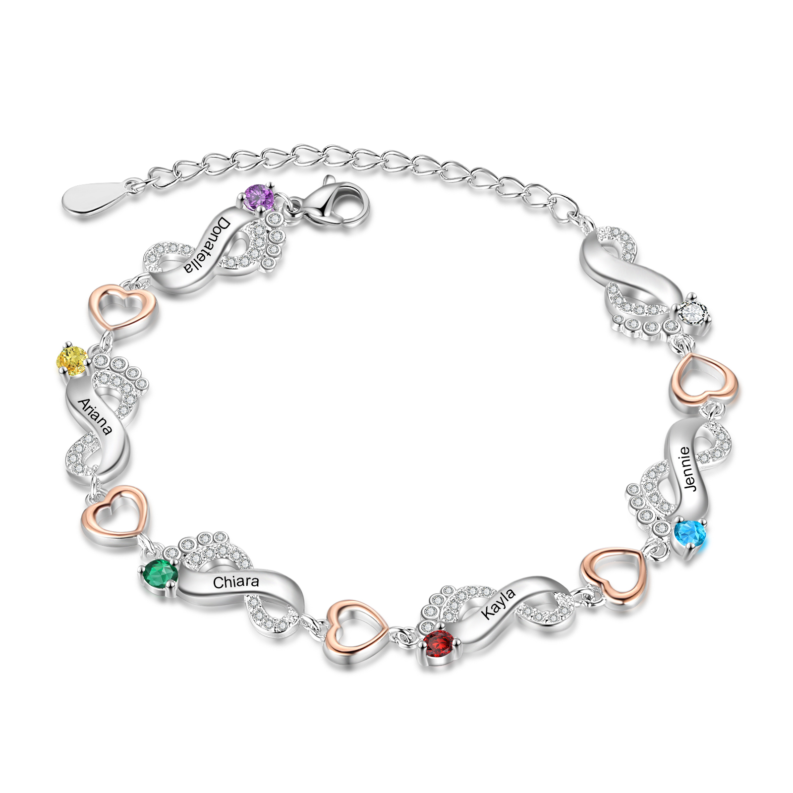 Pulsera personalizada para mujer con 1-6 nombres de pie de bebé con 1-6 piedras de nacimiento