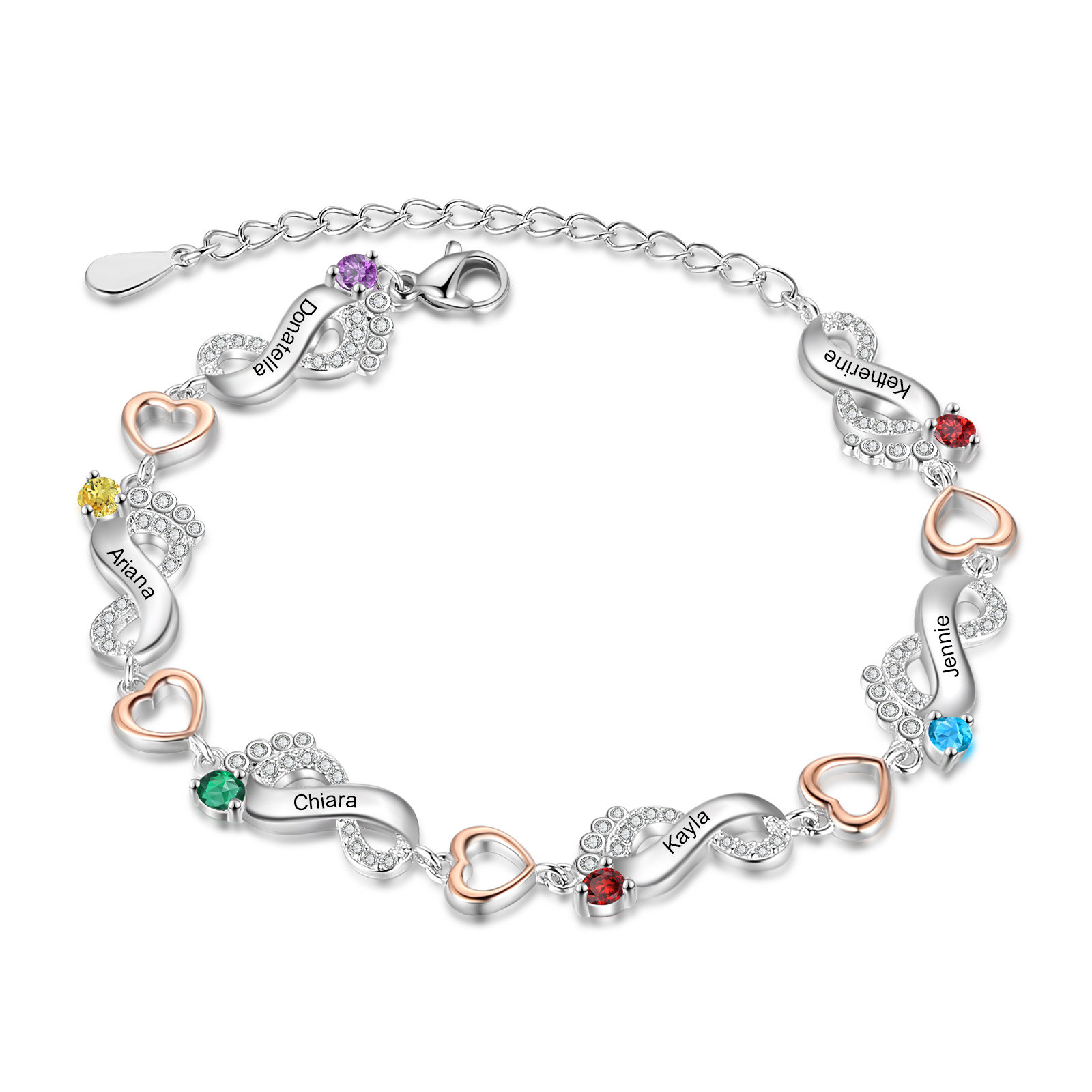 Pulsera personalizada para mujer con 1-6 nombres de pie de bebé con 1-6 piedras de nacimiento