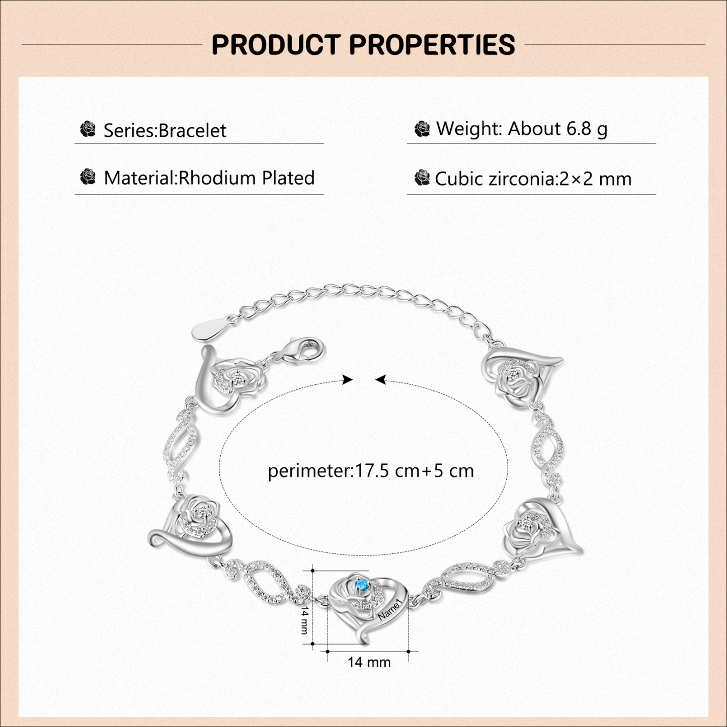 Pulsera de rosa con 1 nombre y 1 piedra de nacimiento pulsera personalizada para mujer | Jessemade