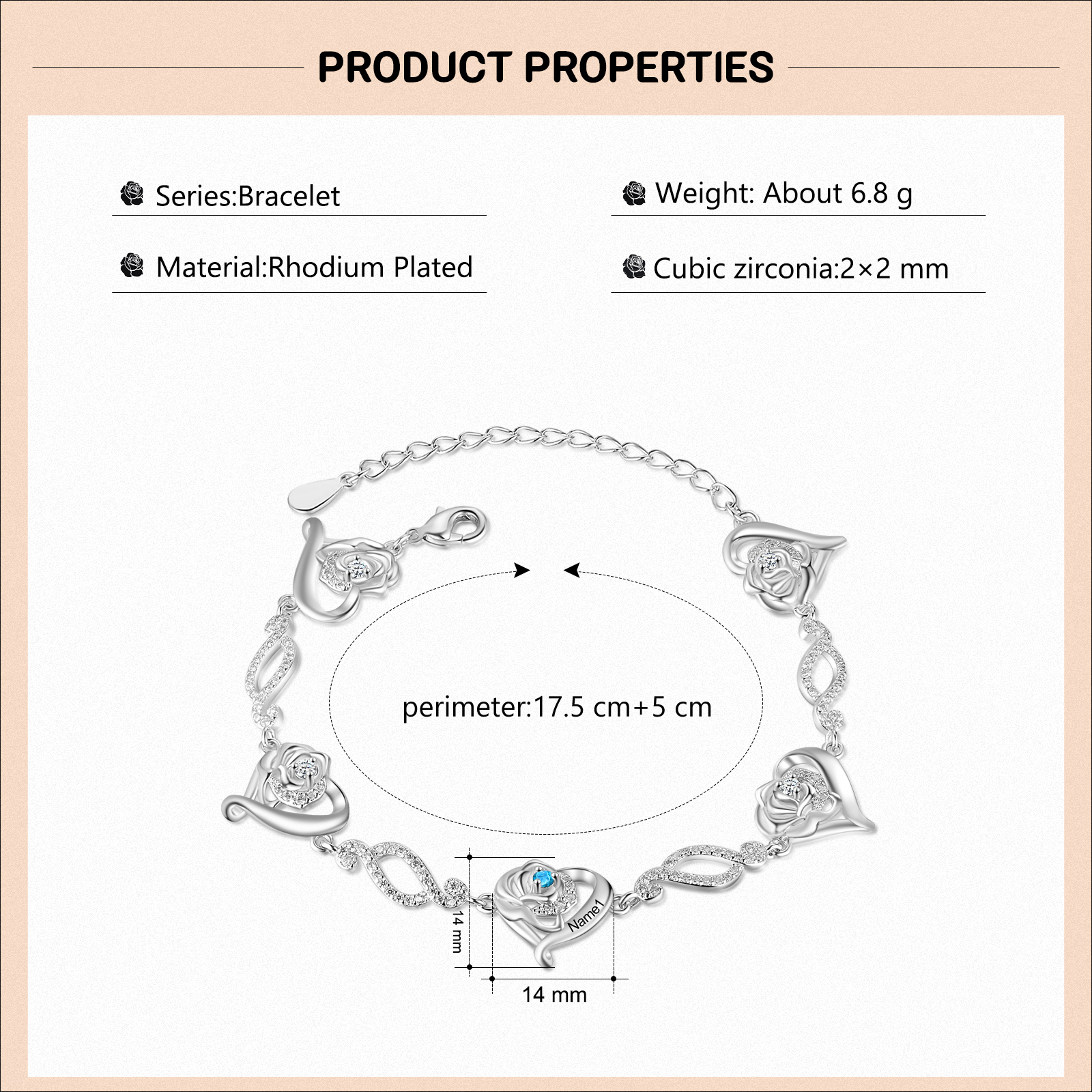 Pulsera de rosa con 1 nombre y 1 piedra de nacimiento pulsera personalizada para mujer | Jessemade