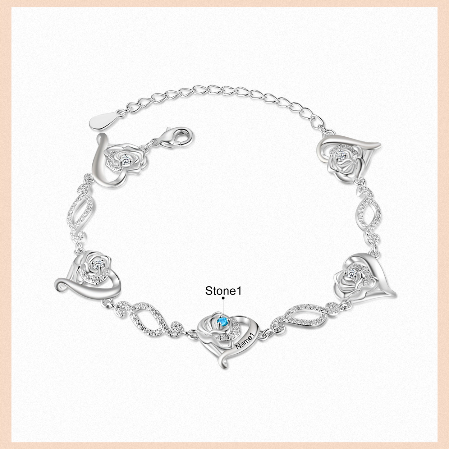 Pulsera de rosa con 1 nombre y 1 piedra de nacimiento pulsera personalizada para mujer | Jessemade