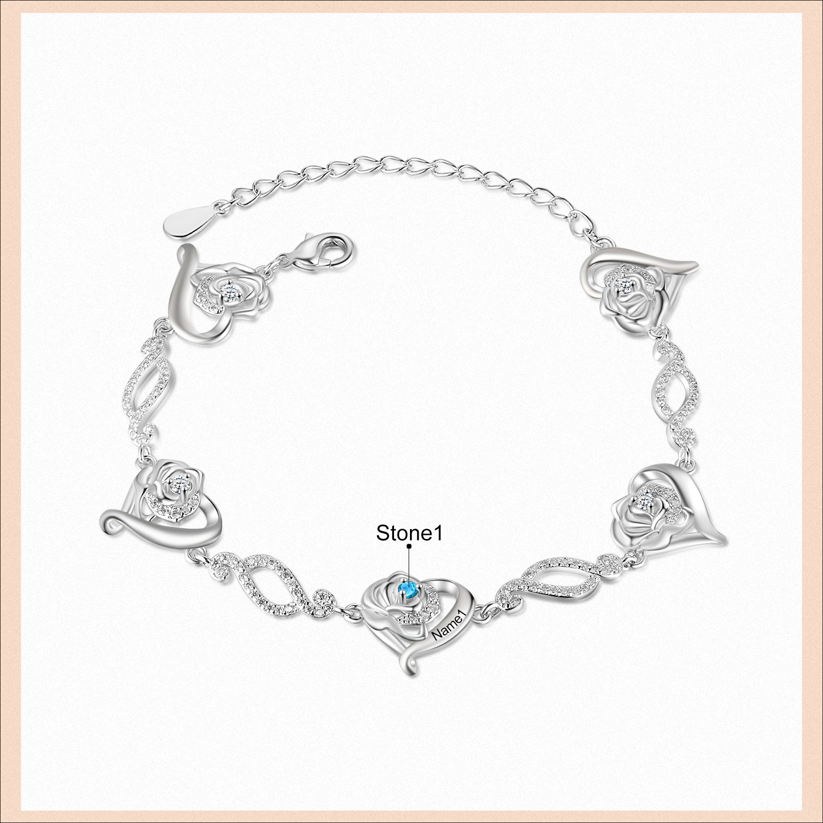 Pulsera de rosa con 1 nombre y 1 piedra de nacimiento pulsera personalizada para mujer | Jessemade