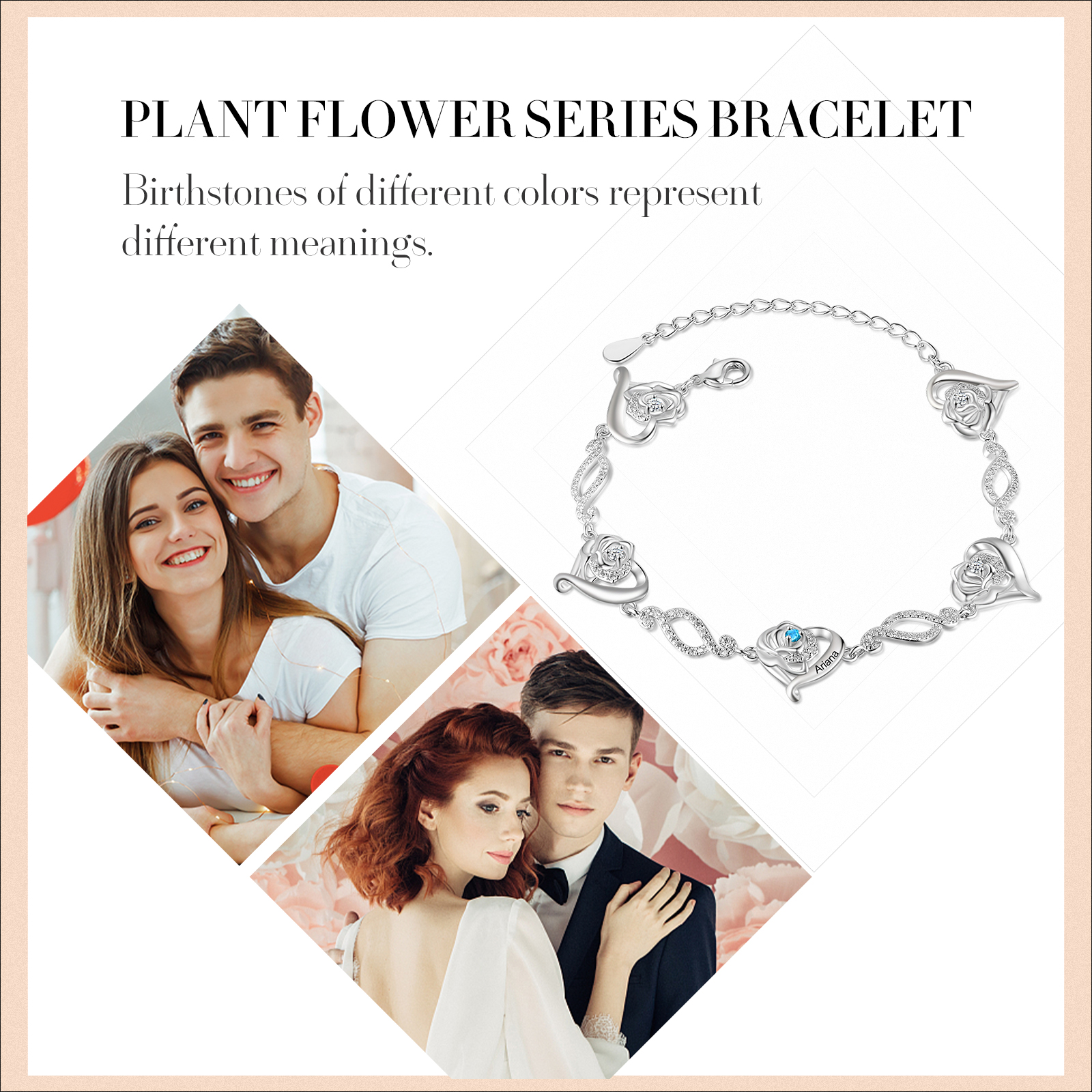 Pulsera de rosa con 1 nombre y 1 piedra de nacimiento pulsera personalizada para mujer | Jessemade