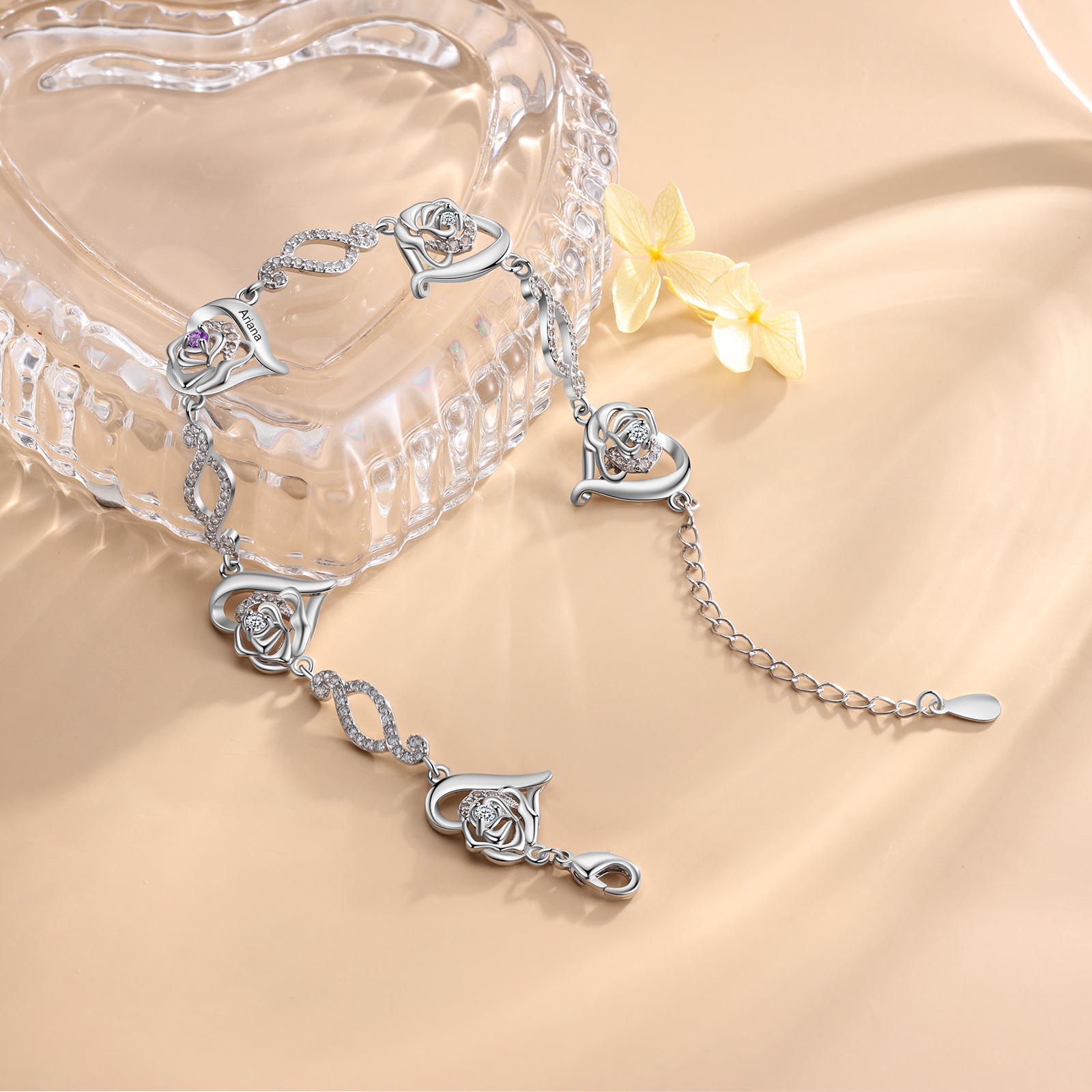 Pulsera de rosa con 1 nombre y 1 piedra de nacimiento pulsera personalizada para mujer | Jessemade