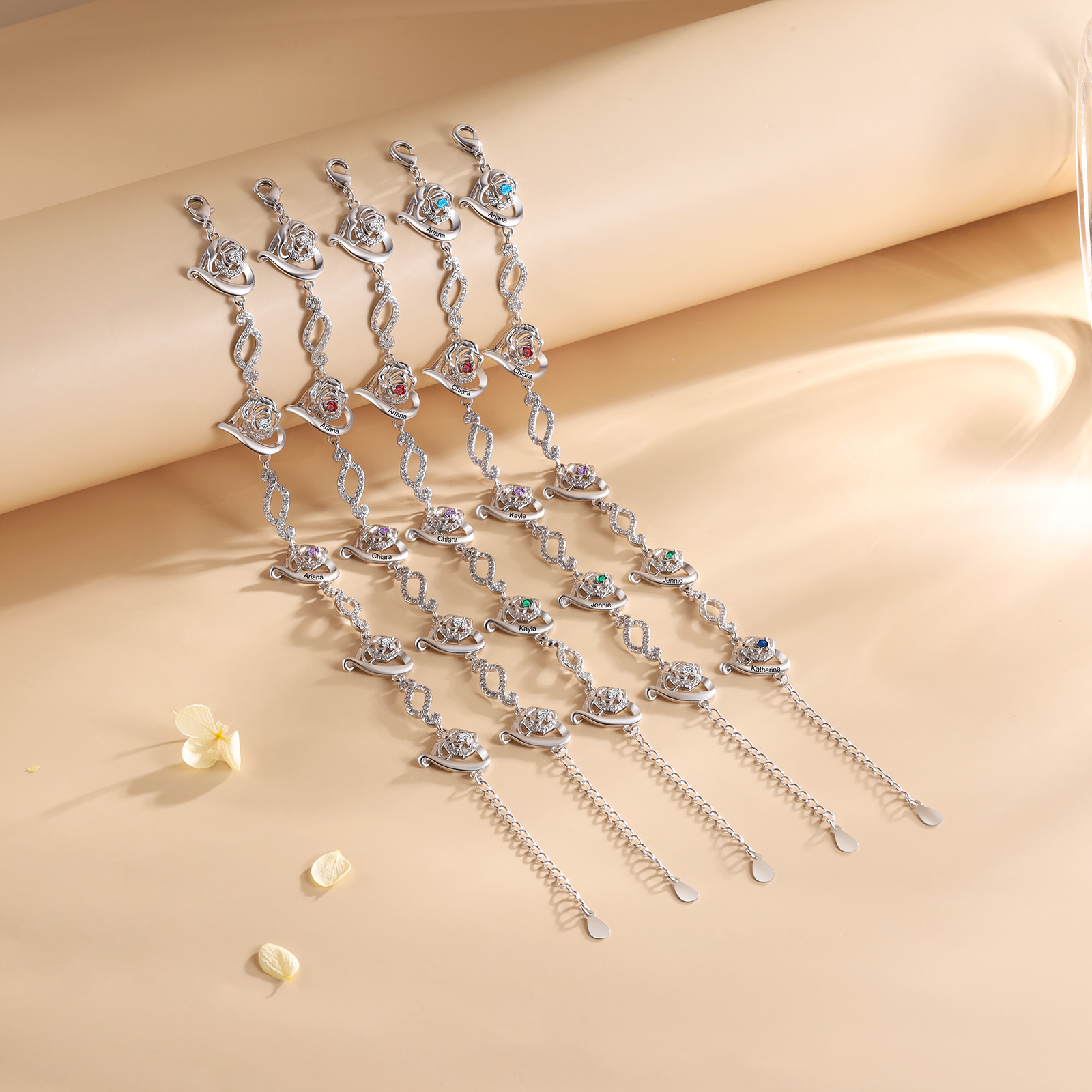 Pulsera de rosa con 1 nombre y 1 piedra de nacimiento pulsera personalizada para mujer | Jessemade