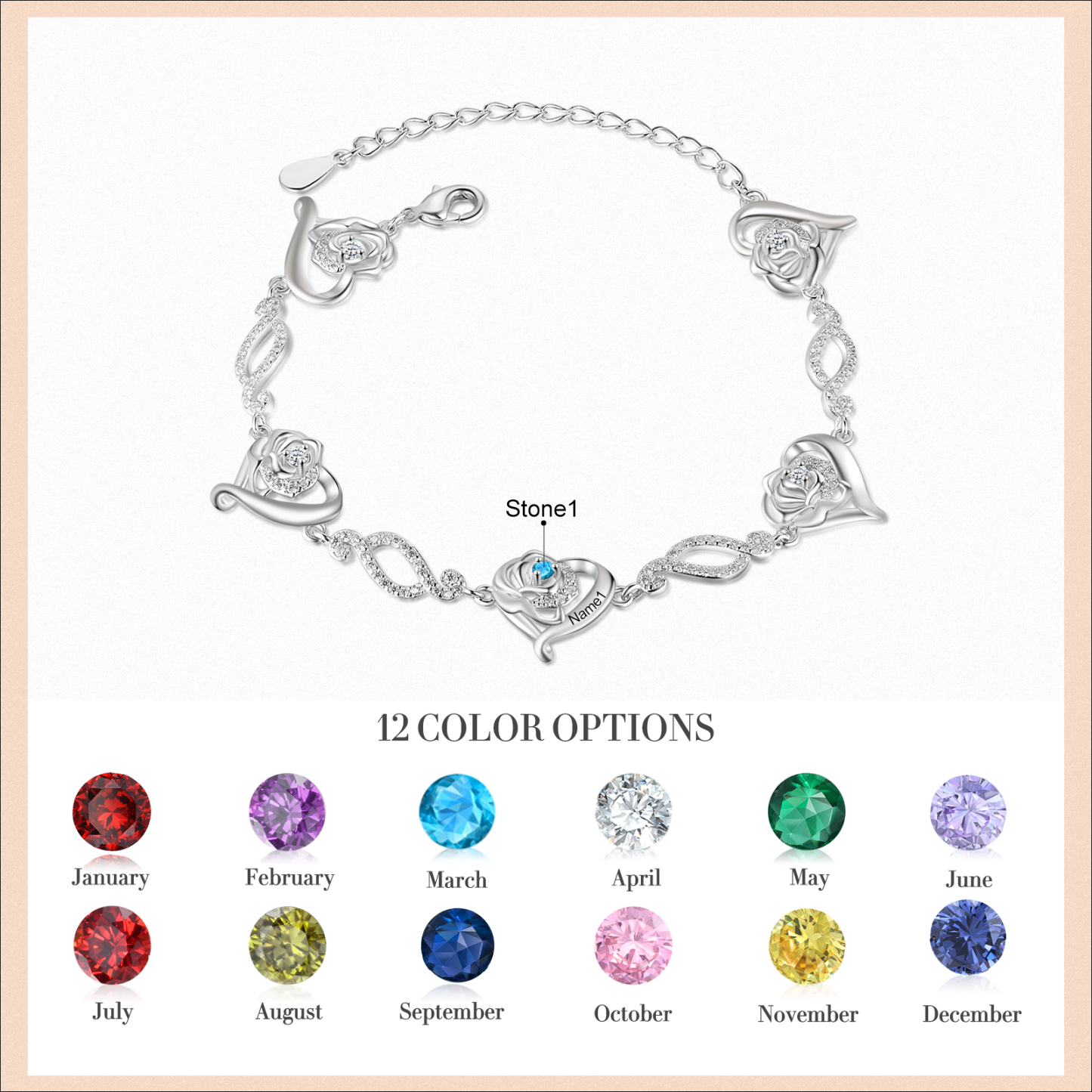Pulsera de rosa con 1 nombre y 1 piedra de nacimiento pulsera personalizada para mujer | Jessemade