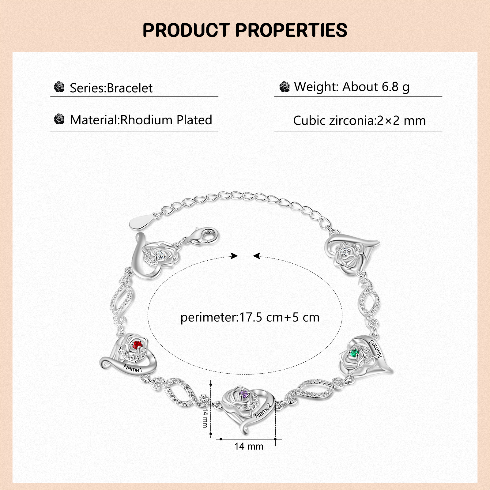 Pulsera de rosa con 3 nombres y 3 piedras de nacimiento pulsera personalizada para mujer | Jessemade