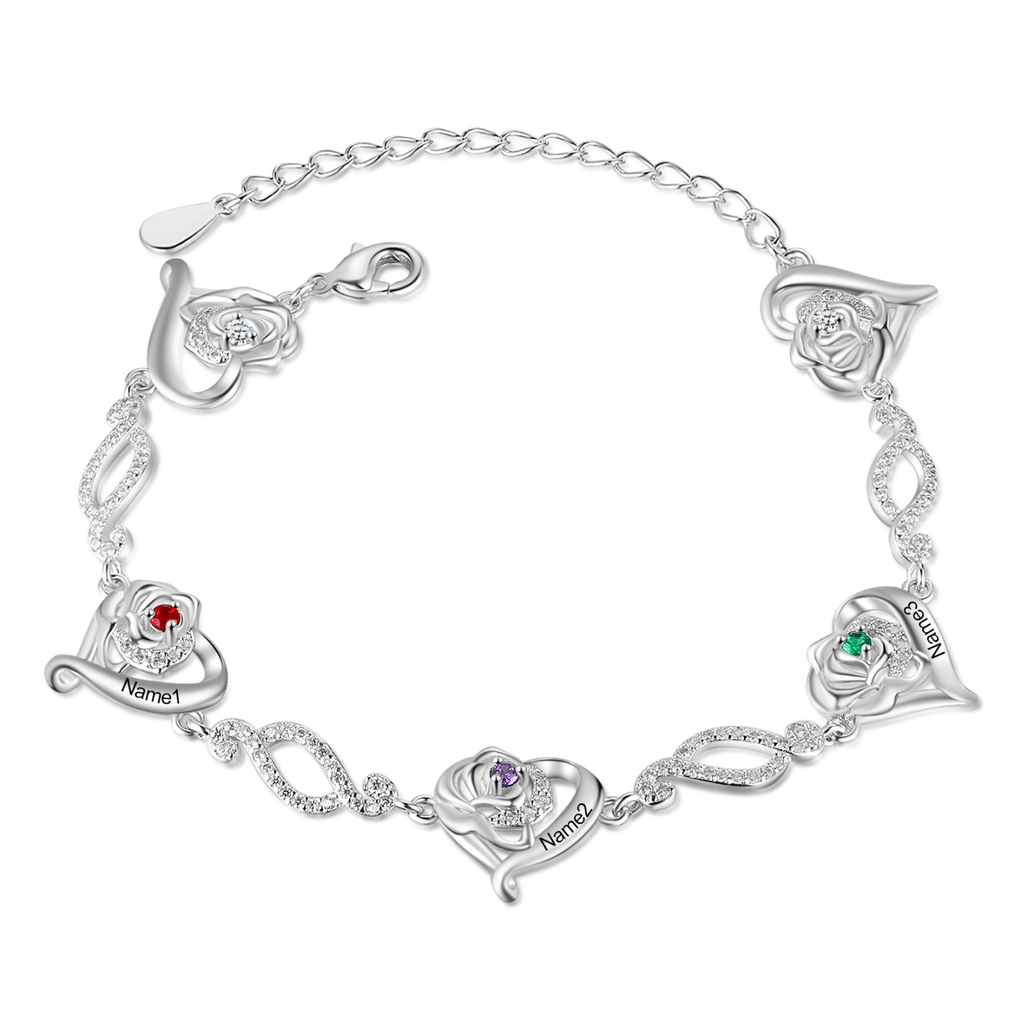 Pulsera de rosa con 3 nombres y 3 piedras de nacimiento pulsera personalizada para mujer | Jessemade