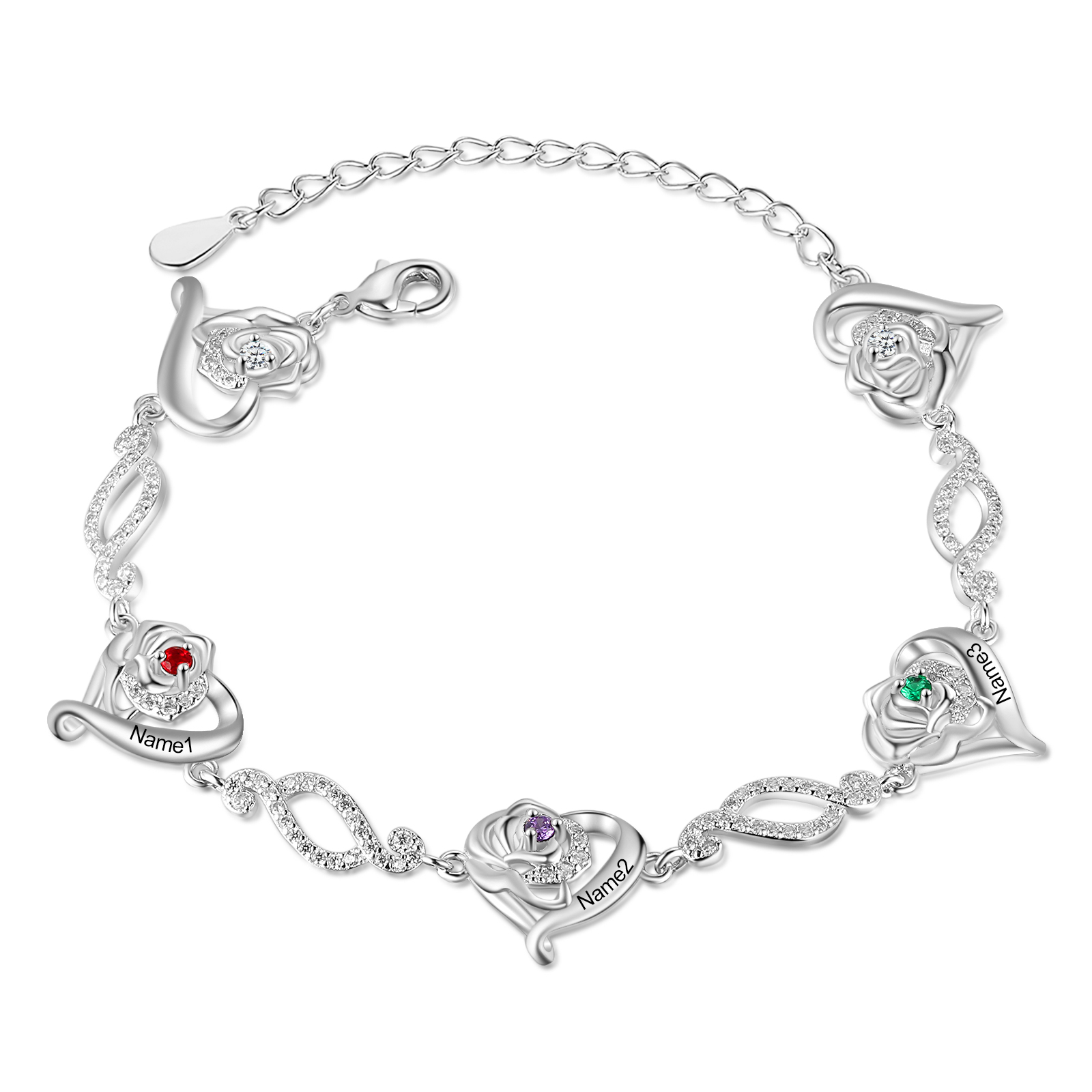 Pulsera de rosa con 3 nombres y 3 piedras de nacimiento pulsera personalizada para mujer | Jessemade