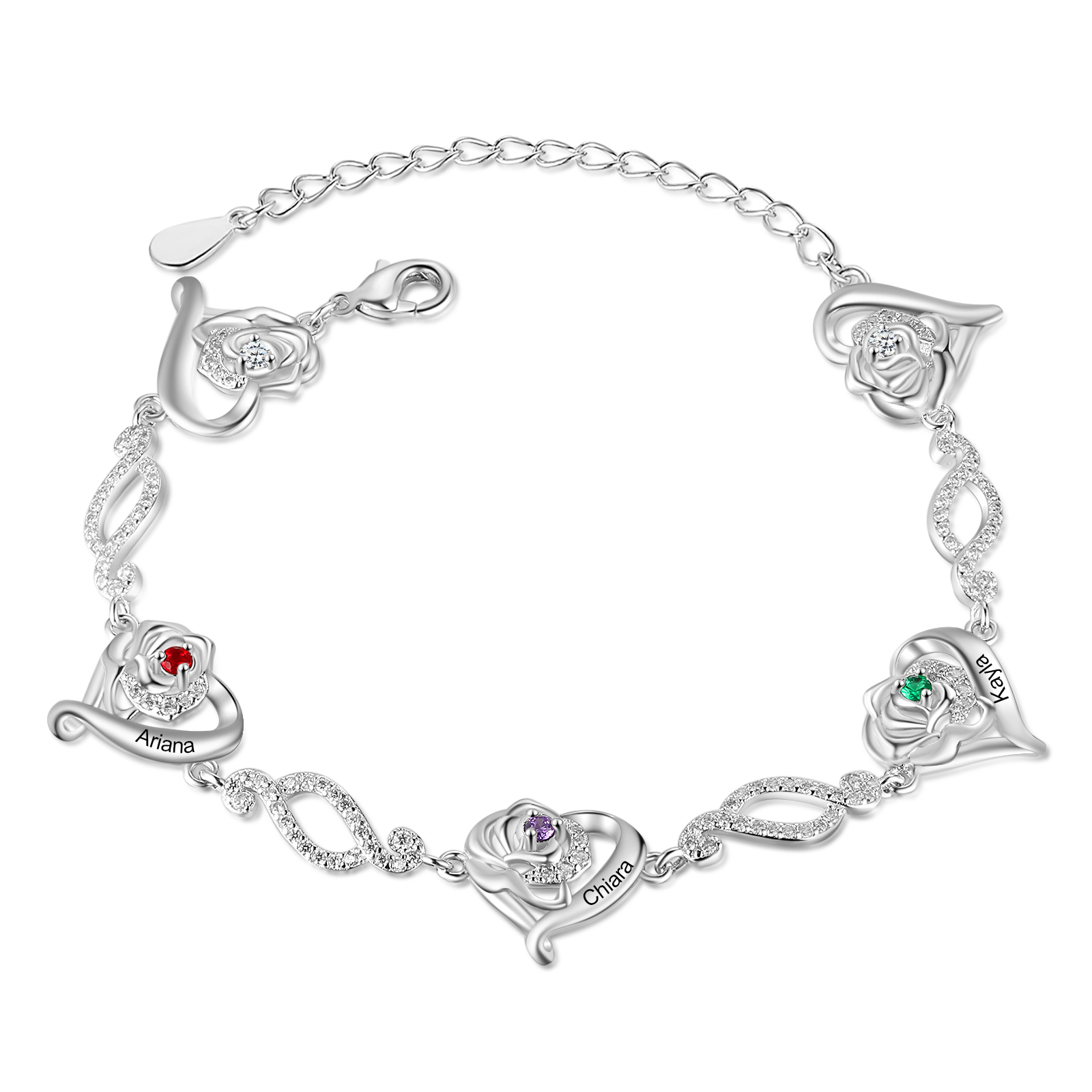 Pulsera de rosa con 3 nombres y 3 piedras de nacimiento pulsera personalizada para mujer | Jessemade