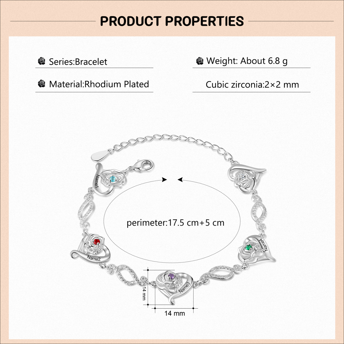 Pulsera de rosa con 4 nombres y 4 piedras de nacimiento pulsera personalizada para mujer | Jessemade