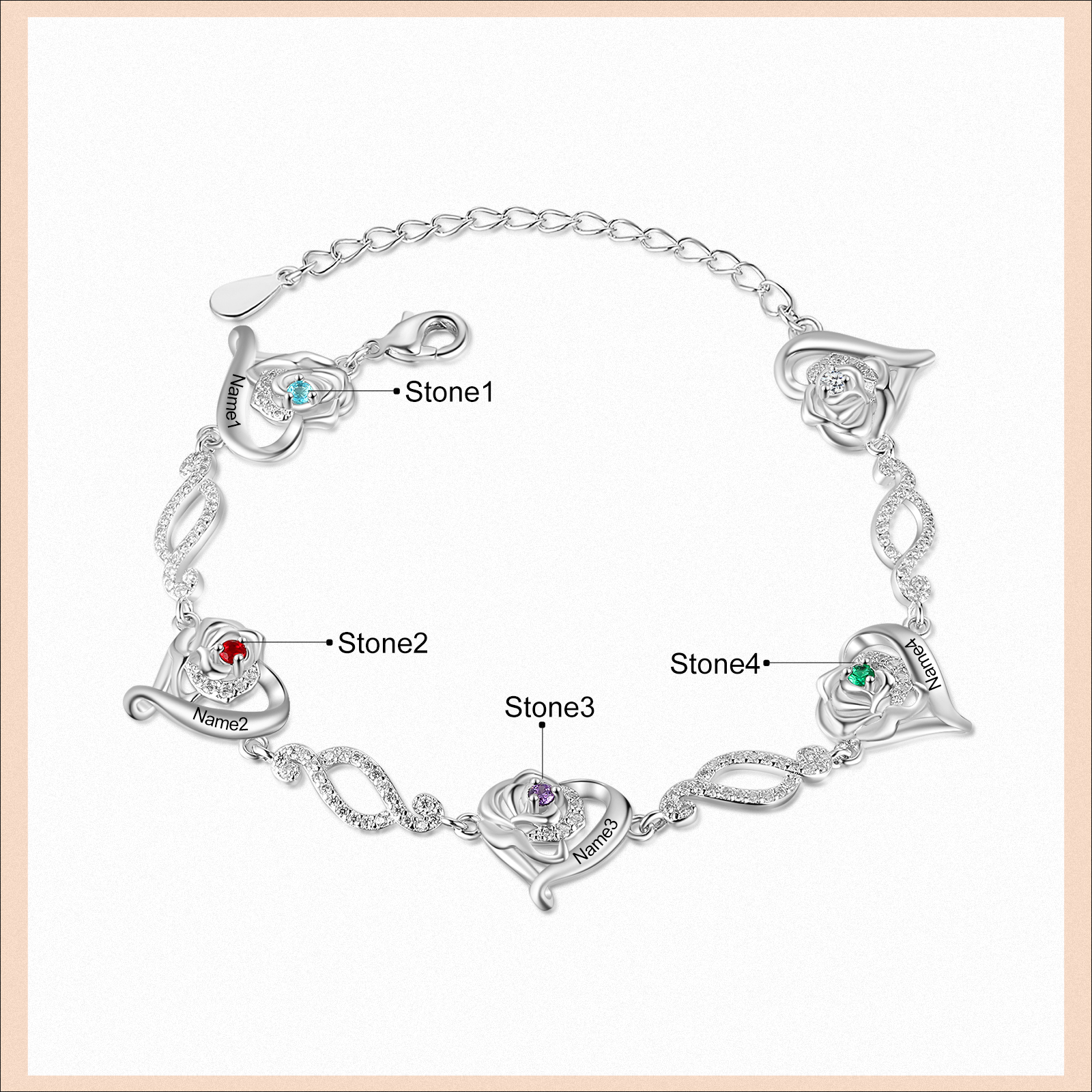 Pulsera de rosa con 4 nombres y 4 piedras de nacimiento pulsera personalizada para mujer | Jessemade