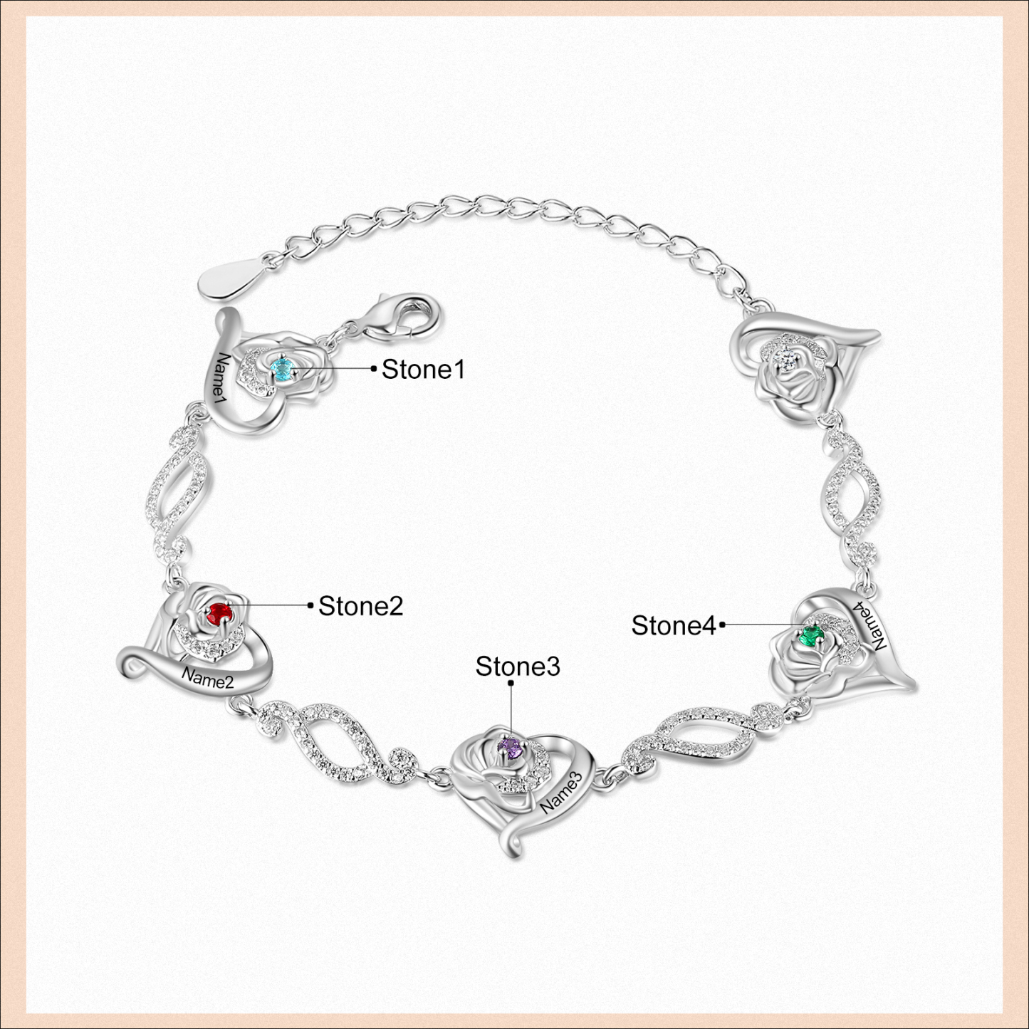 Pulsera de rosa con 4 nombres y 4 piedras de nacimiento pulsera personalizada para mujer | Jessemade