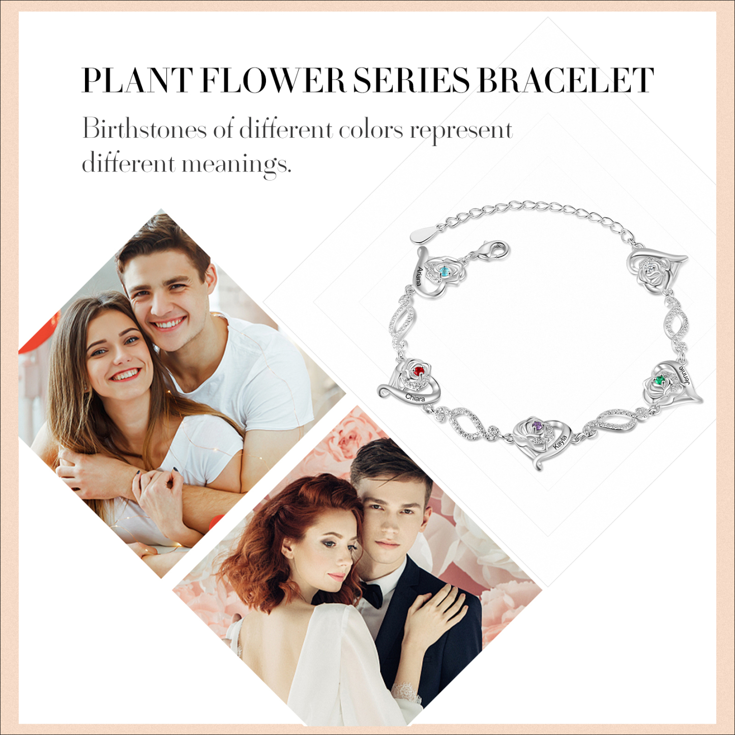 Pulsera de rosa con 4 nombres y 4 piedras de nacimiento pulsera personalizada para mujer | Jessemade