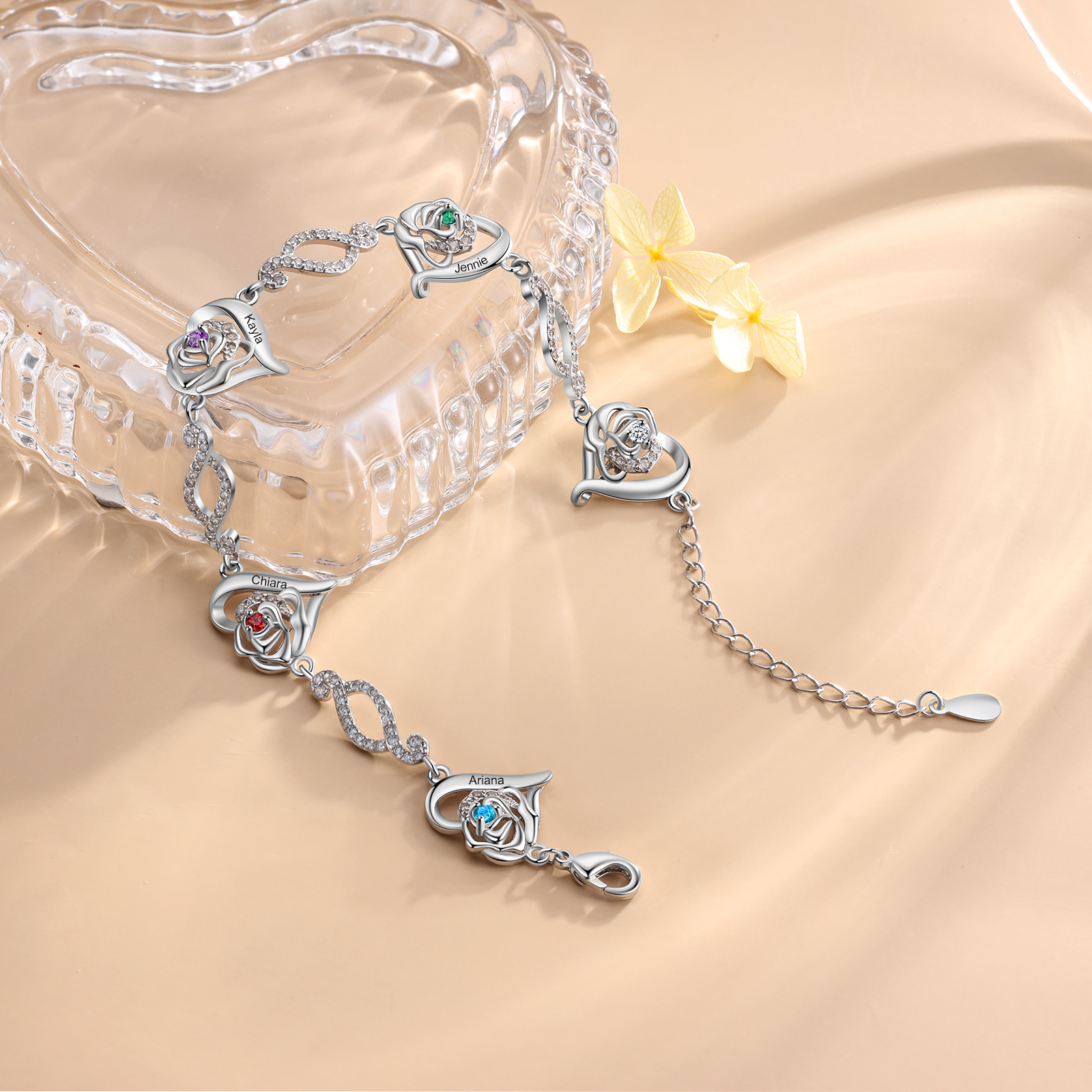 Pulsera de rosa con 4 nombres y 4 piedras de nacimiento pulsera personalizada para mujer | Jessemade