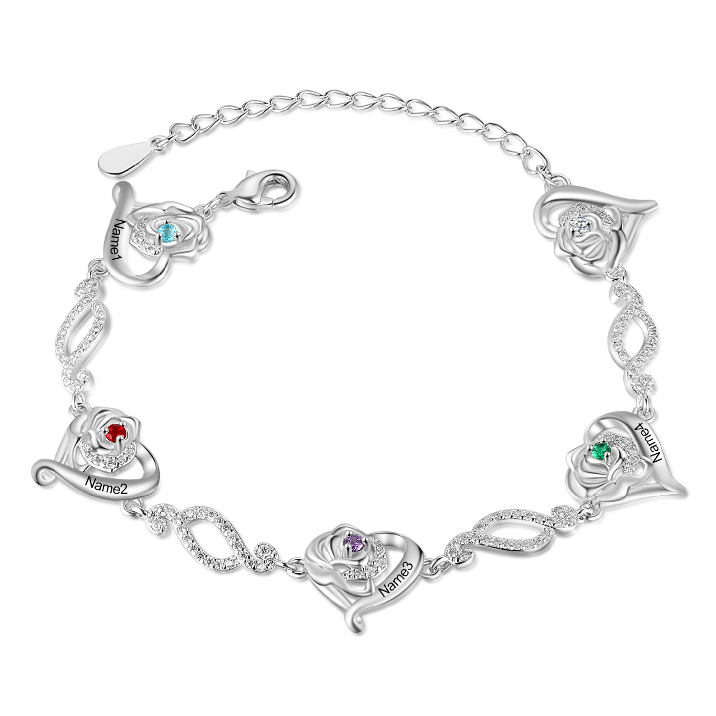 Pulsera de rosa con 4 nombres y 4 piedras de nacimiento pulsera personalizada para mujer | Jessemade