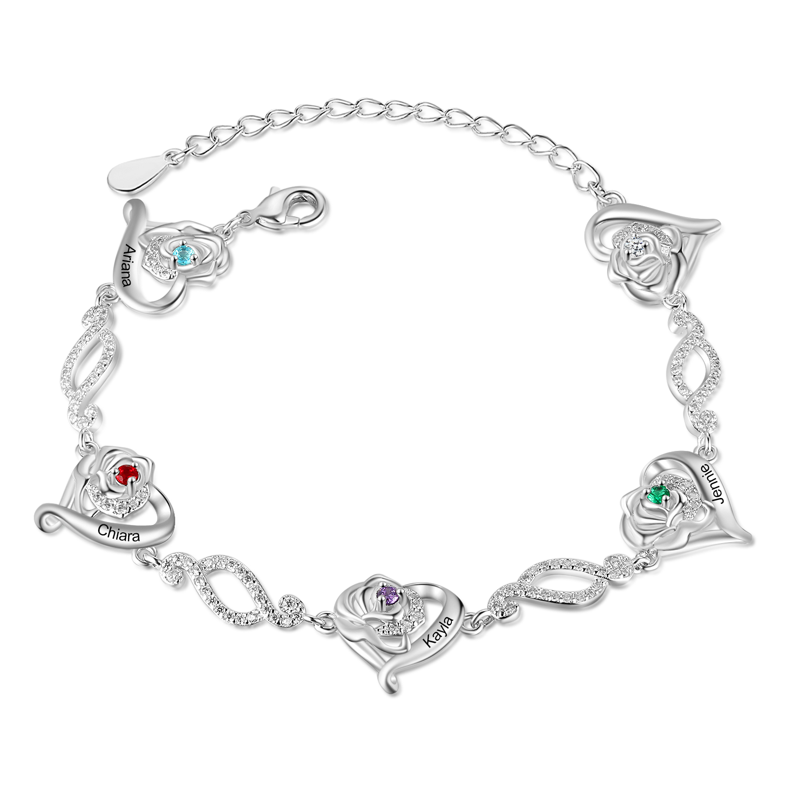 Pulsera de rosa con 4 nombres y 4 piedras de nacimiento pulsera personalizada para mujer | Jessemade