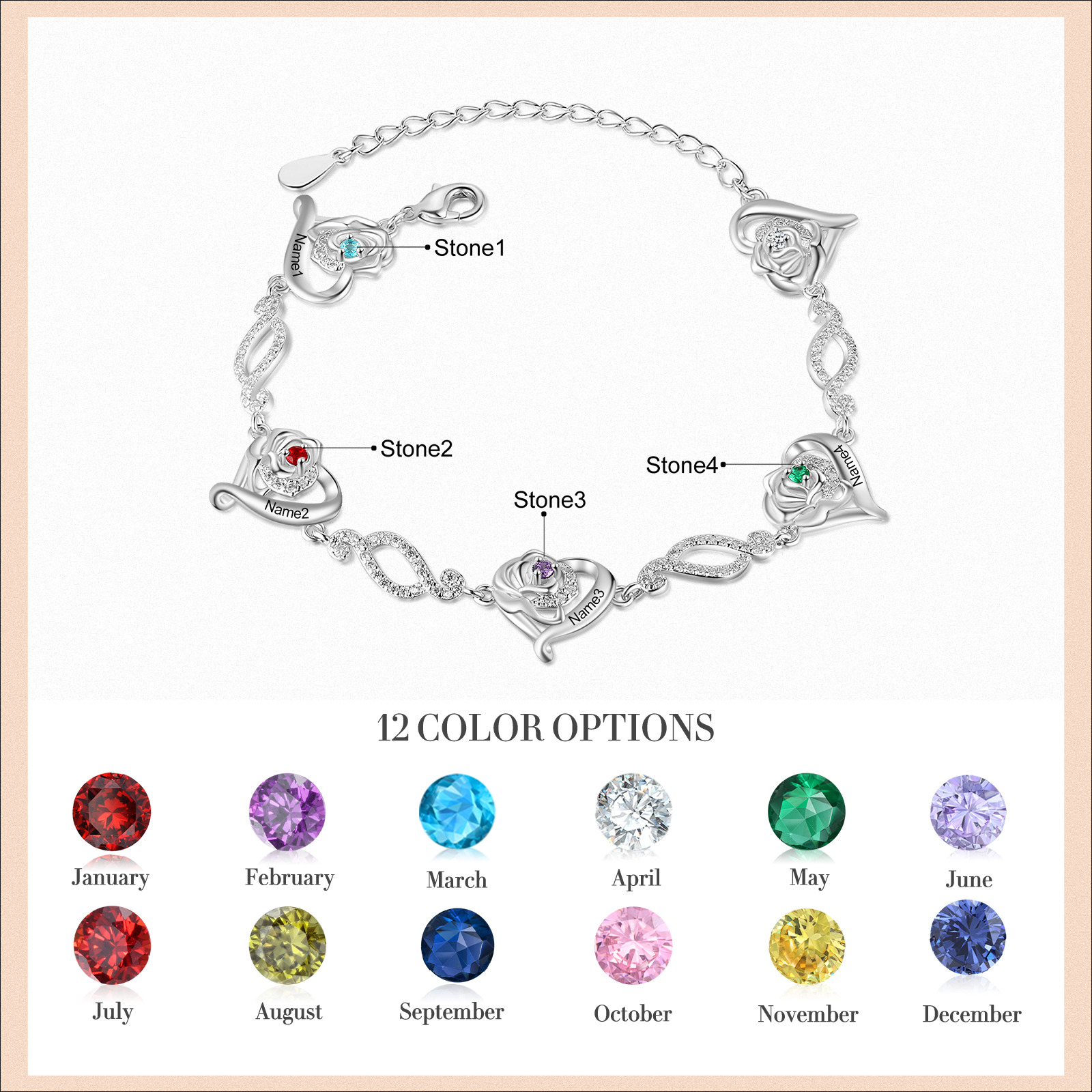 Pulsera de rosa con 4 nombres y 4 piedras de nacimiento pulsera personalizada para mujer | Jessemade