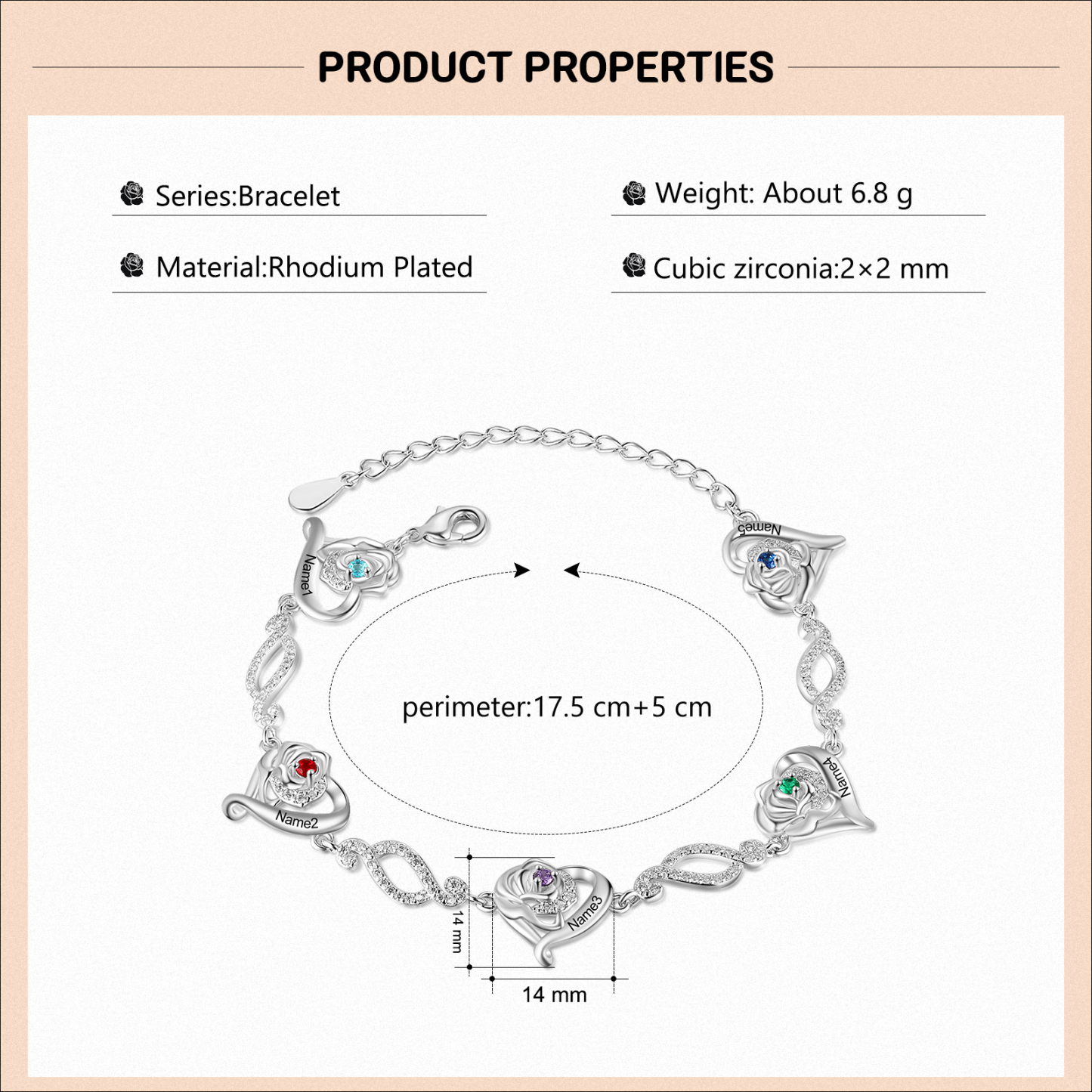 Pulsera de rosa con 5 nombres y 5 piedras de nacimiento pulsera personalizada para mujer | Jessemade