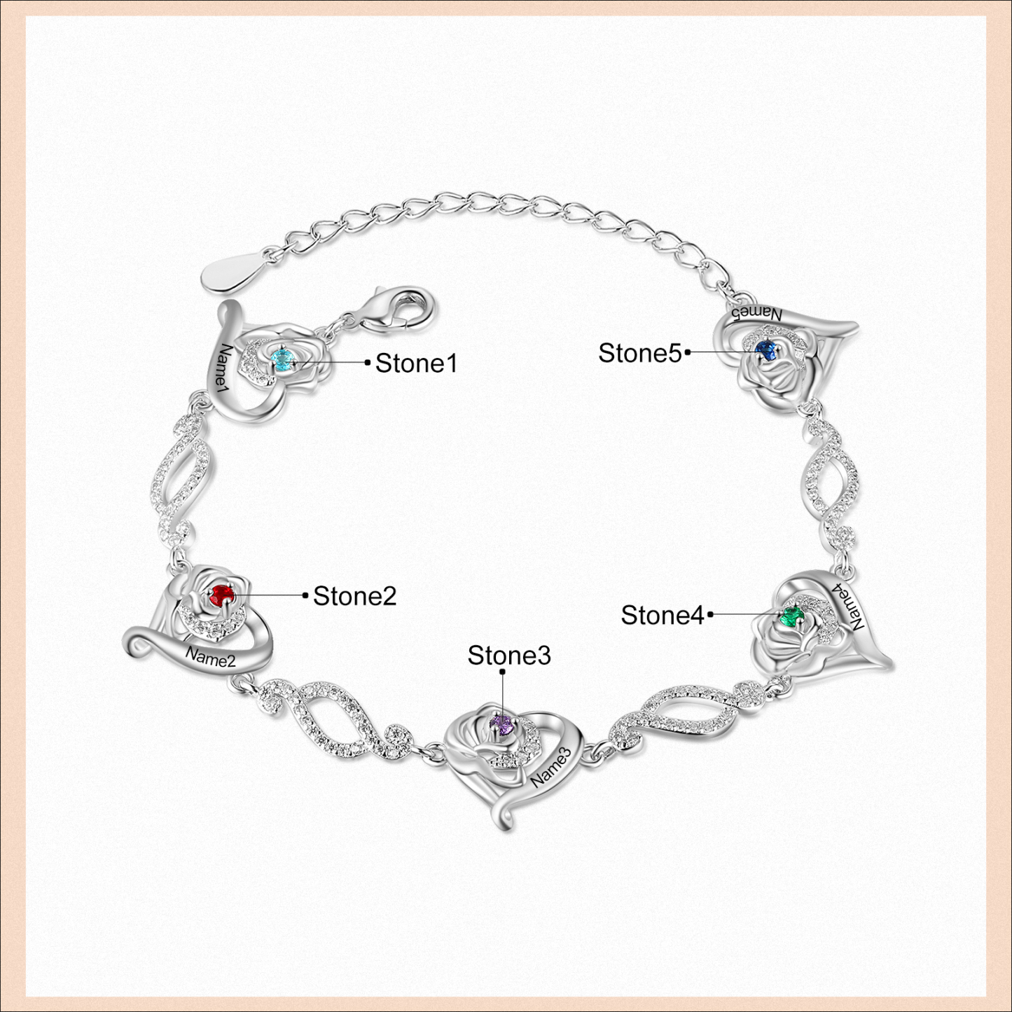 Pulsera de rosa con 5 nombres y 5 piedras de nacimiento pulsera personalizada para mujer | Jessemade