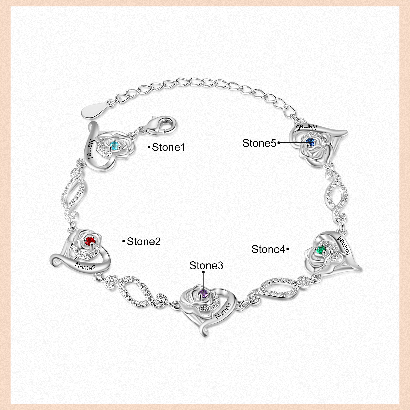 Pulsera de rosa con 5 nombres y 5 piedras de nacimiento pulsera personalizada para mujer | Jessemade