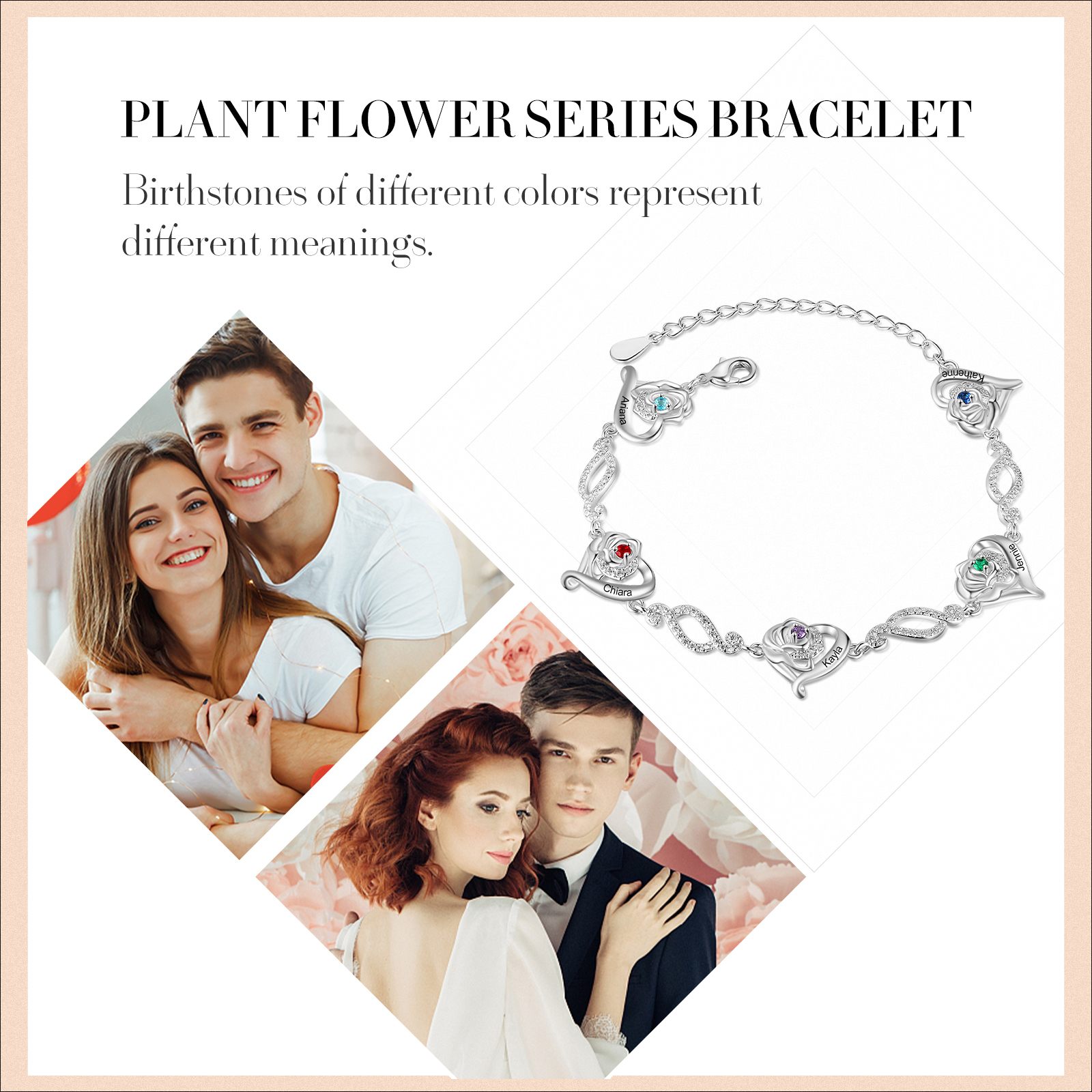 Pulsera de rosa con 5 nombres y 5 piedras de nacimiento pulsera personalizada para mujer | Jessemade