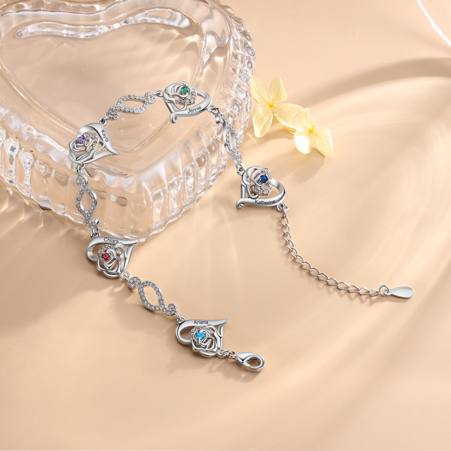 Pulsera de rosa con 5 nombres y 5 piedras de nacimiento pulsera personalizada para mujer | Jessemade