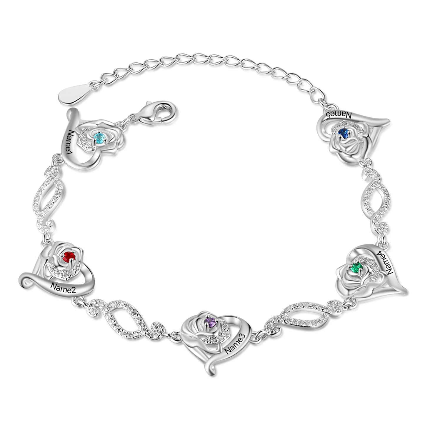 Pulsera de rosa con 5 nombres y 5 piedras de nacimiento pulsera personalizada para mujer | Jessemade