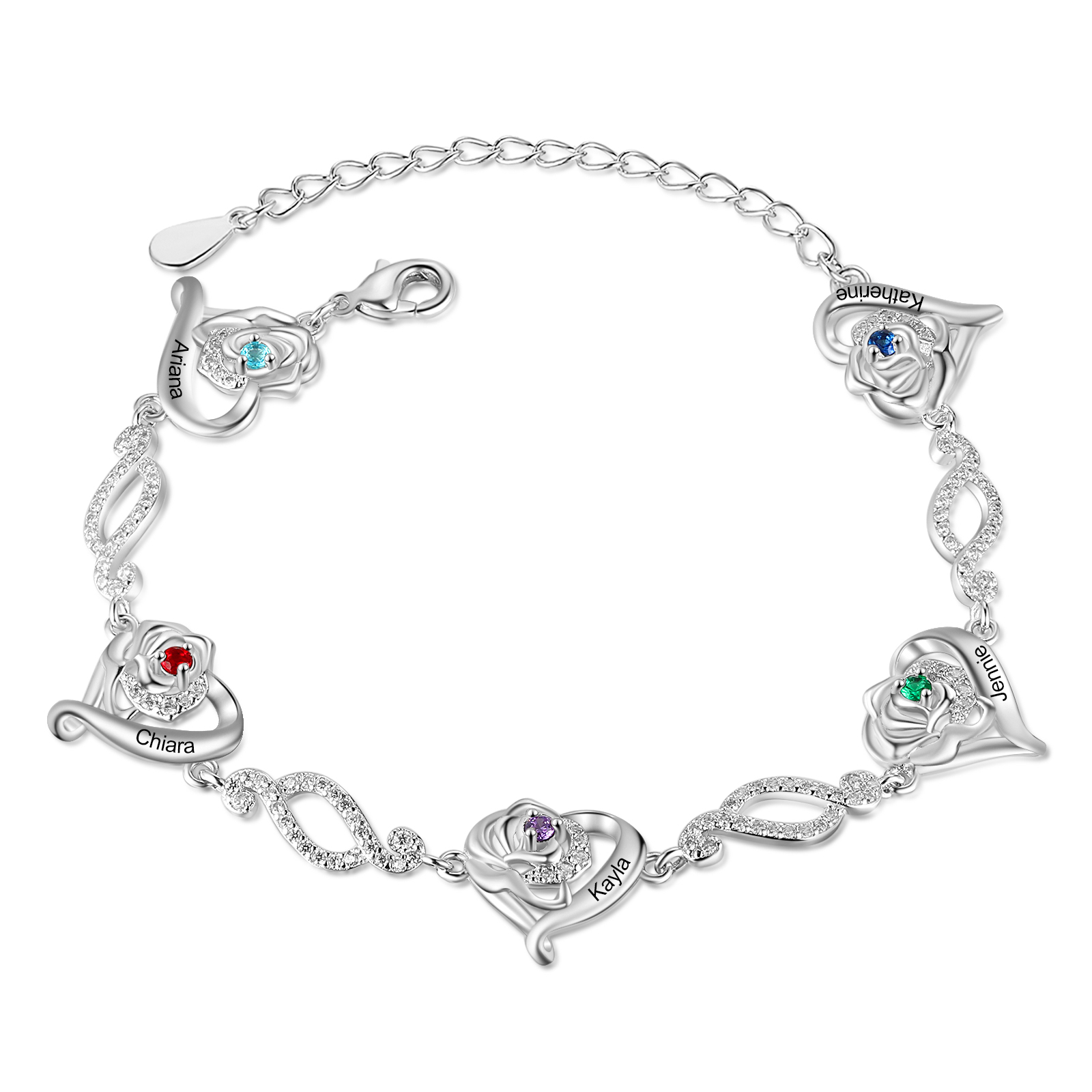 Pulsera de rosa con 5 nombres y 5 piedras de nacimiento pulsera personalizada para mujer | Jessemade