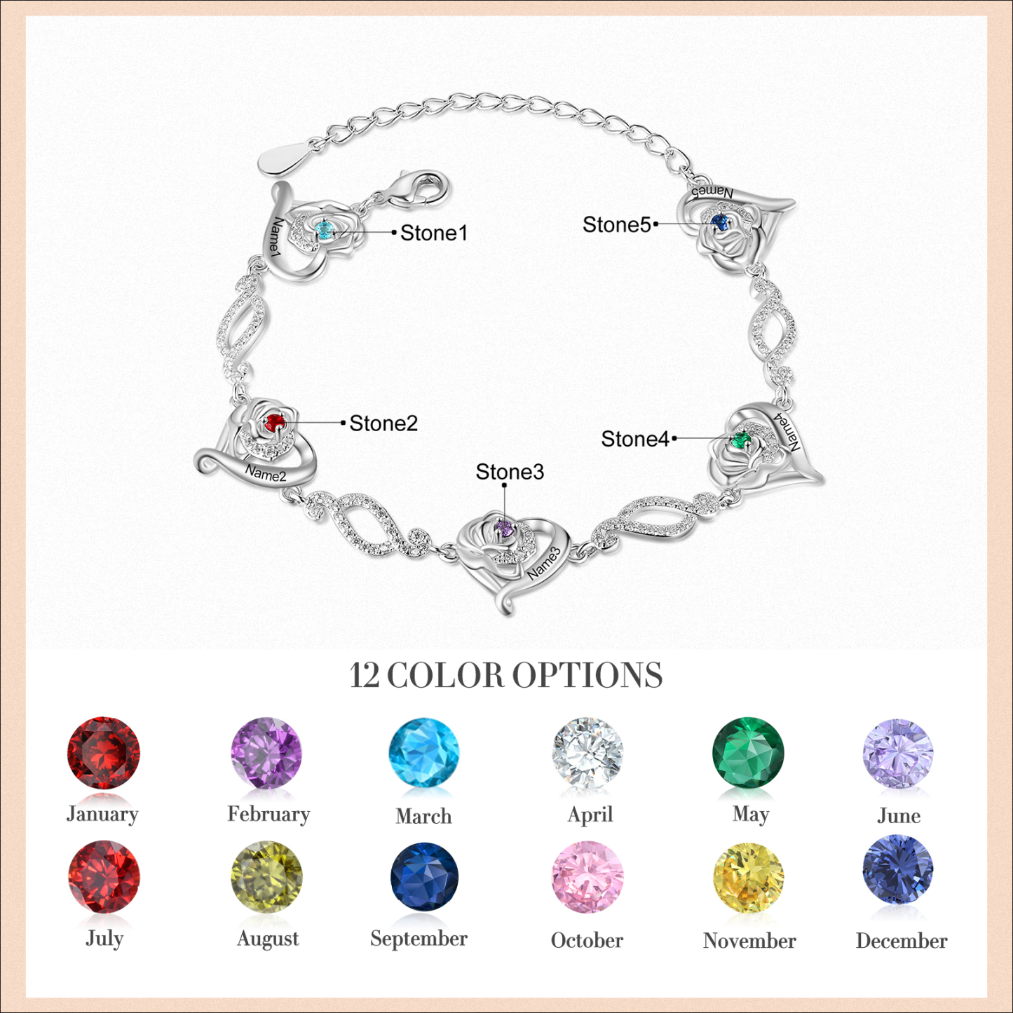 Pulsera de rosa con 5 nombres y 5 piedras de nacimiento pulsera personalizada para mujer | Jessemade