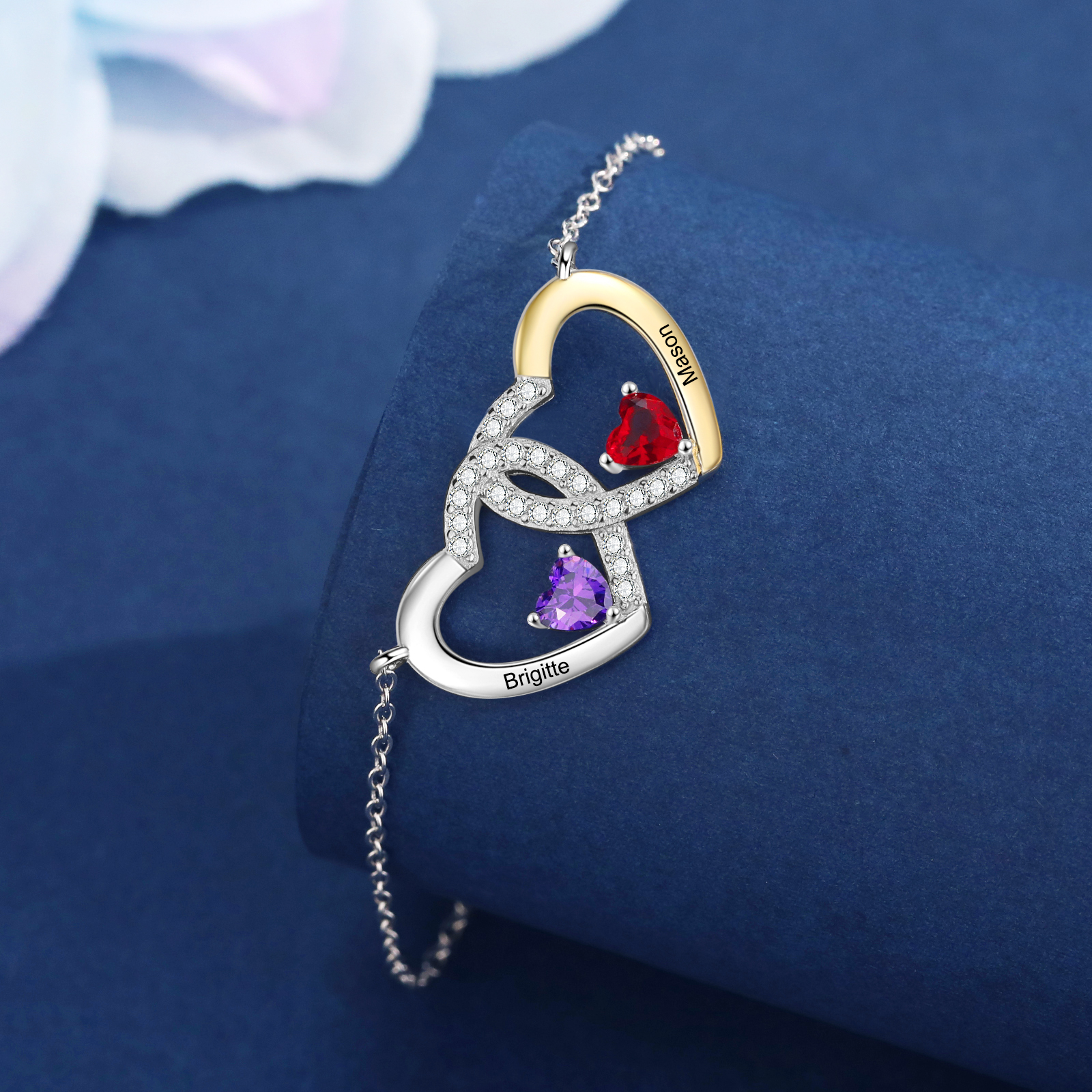 Pulsera con corazones entrelazados con 2 nombres y piedras de nacimiento personalizados para mujer | Jessemade