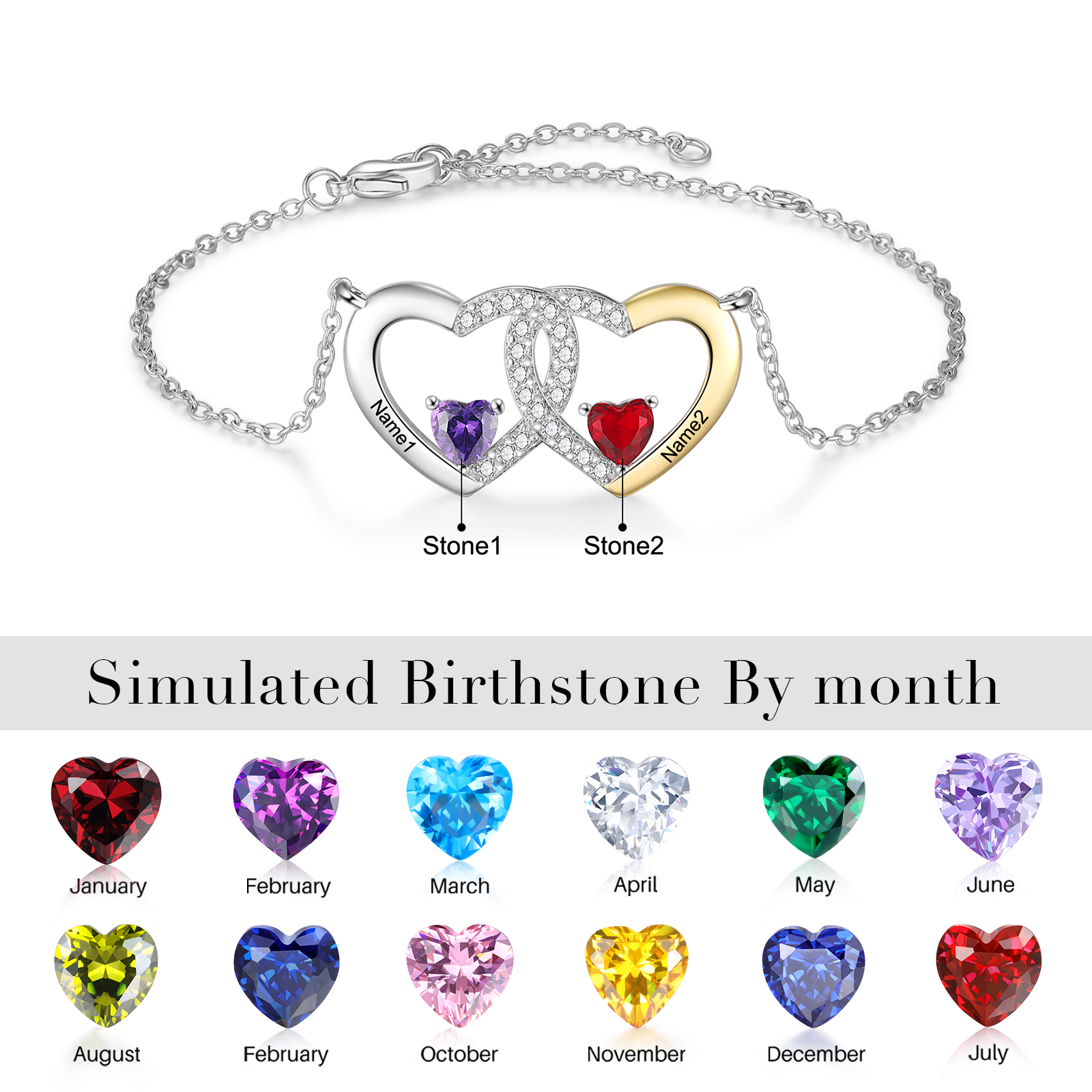 Pulsera con corazones entrelazados con 2 nombres y piedras de nacimiento personalizados para mujer | Jessemade