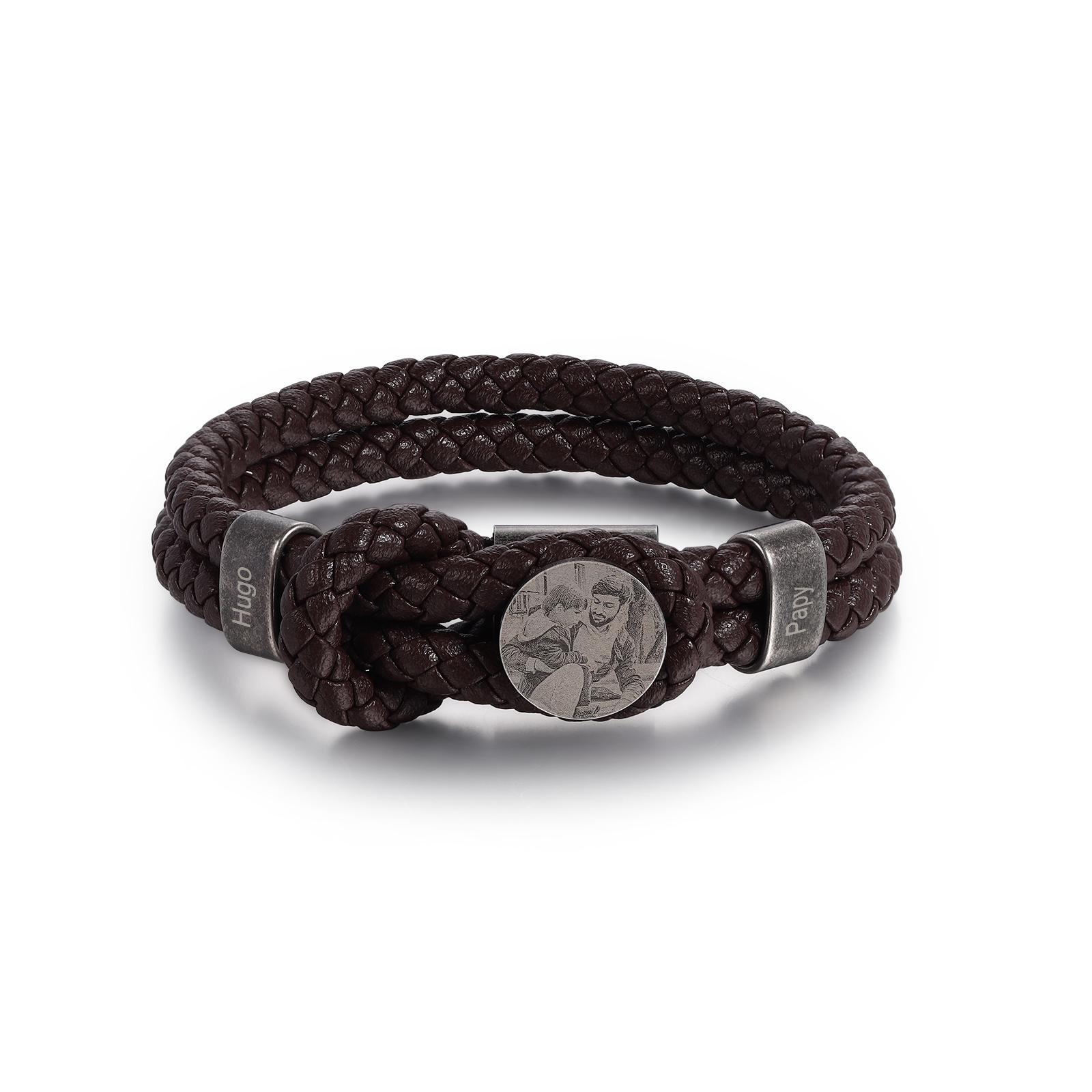 Pulsera personalizada de cuero trenzado con 2 nombres y una foto
