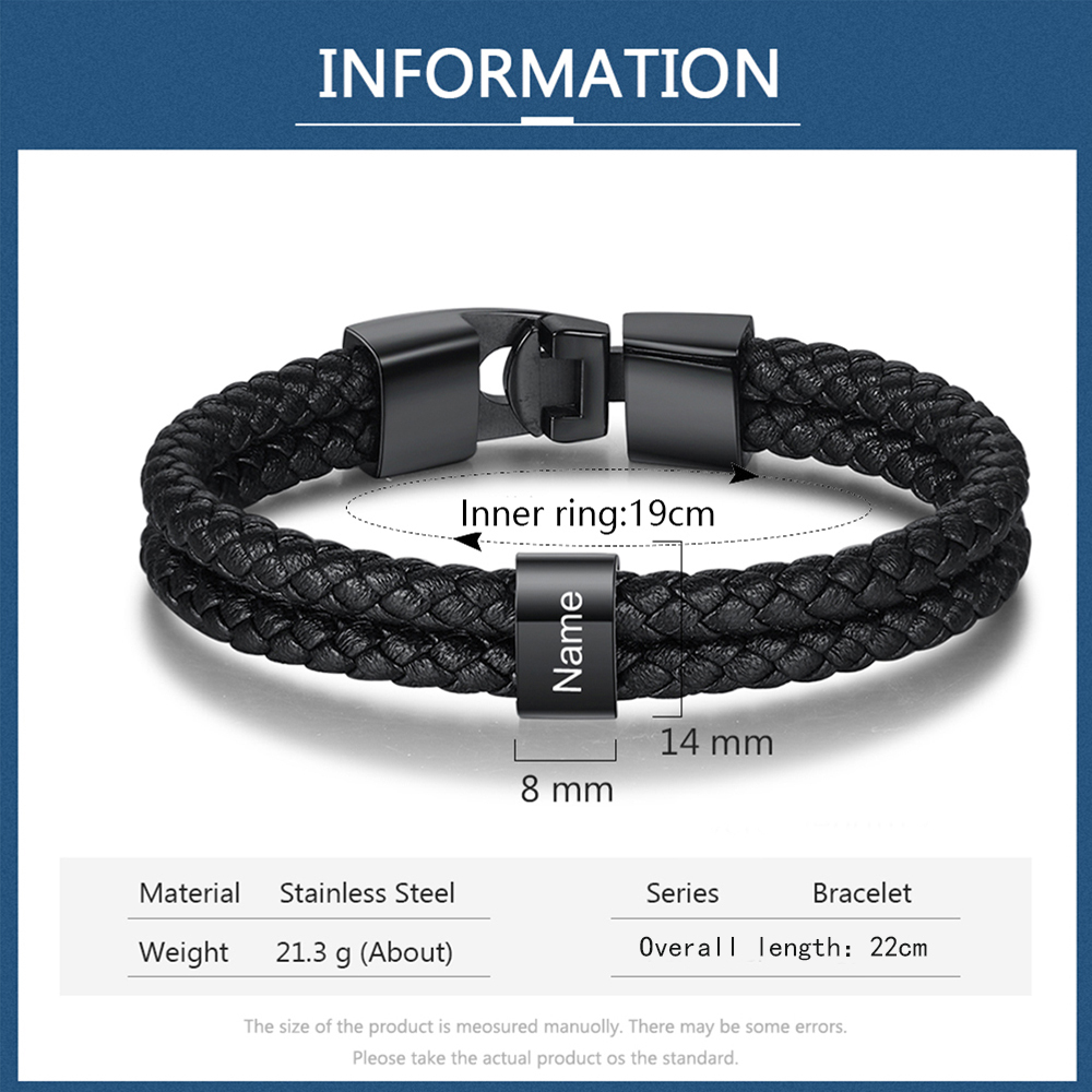 Pulsera para Hombre 1-8 Nombres Personalizados de Cuero Trenzado con Aros Negros | Jessemade